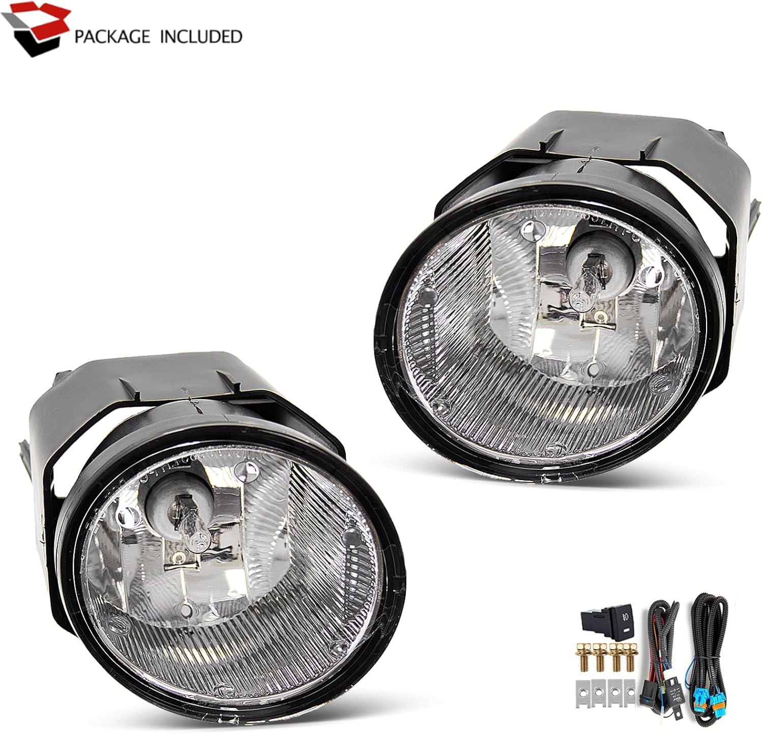 Fog Lights Assembly for 2000-2003 Nissan Sentra, 2001-2004 Frontier, 2002-2004 Xterra, 2000-2001 Maxima Replacement Kit with H3 12V 55W Halogen Bulbs & Switch and Wiring (Clear Lens)