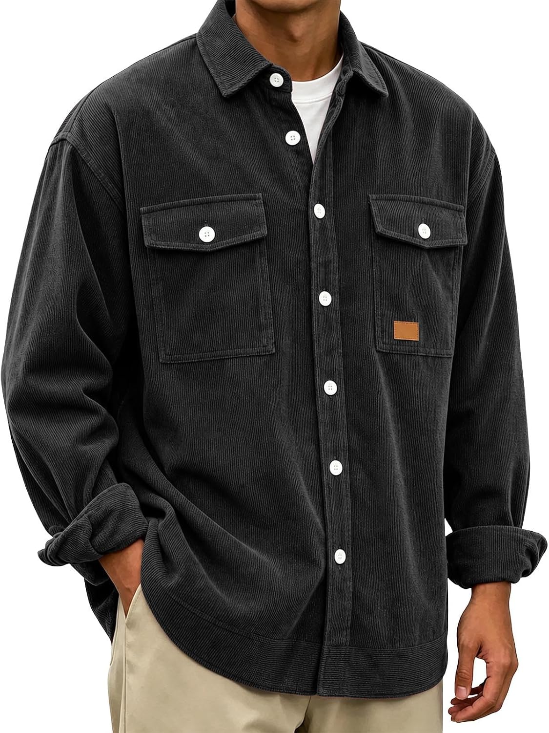 Mens Corduroy Shacket Long Sleeve Button Down Overshirt Jacket