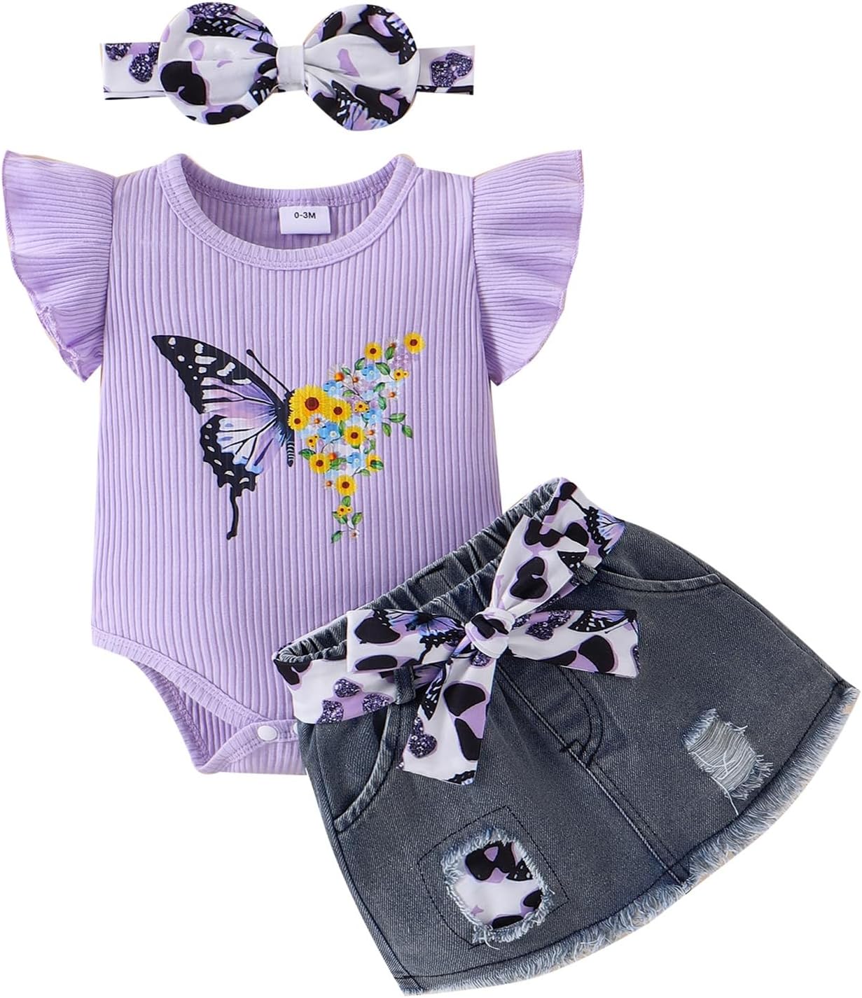 Baby Girl Summer Clothes Cute Butterfly Printed Romper + Denim Skirt + Headband 3pcs Shorts Set 0-18 Months