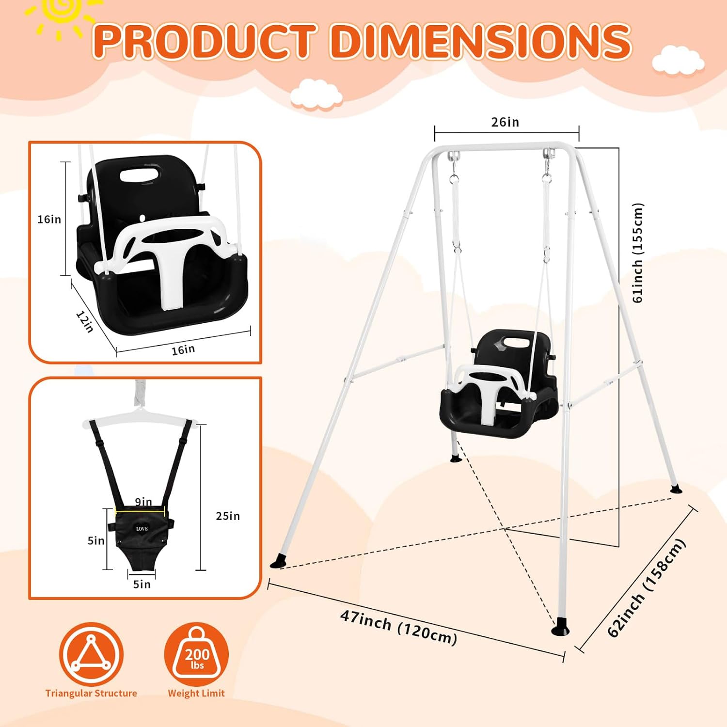 4-in-1 Toddler Swing Set & Baby Jumper and Bouncers, Heavy Duty Baby Swing Set with Foldable Metal Stand for Indoor & Outdoor, Suitable for Children 6 Months and Older, Easy to Assemble & Store