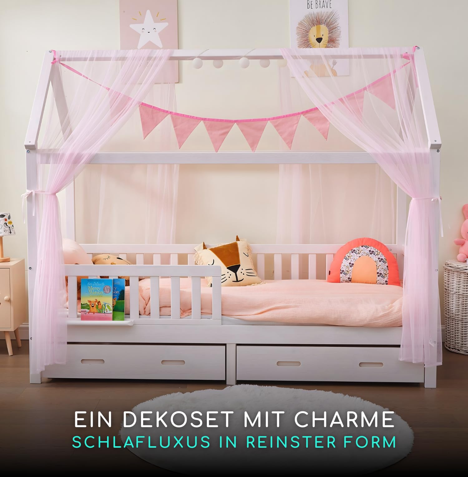 ALAVYA HOME® Lot de 4 pièces de décoration, avec 2 ciels de lit, 1 guirlande de fanions de 300 cm de long, pour lit d'enfant, 100 % coton biologique, 150 x 350