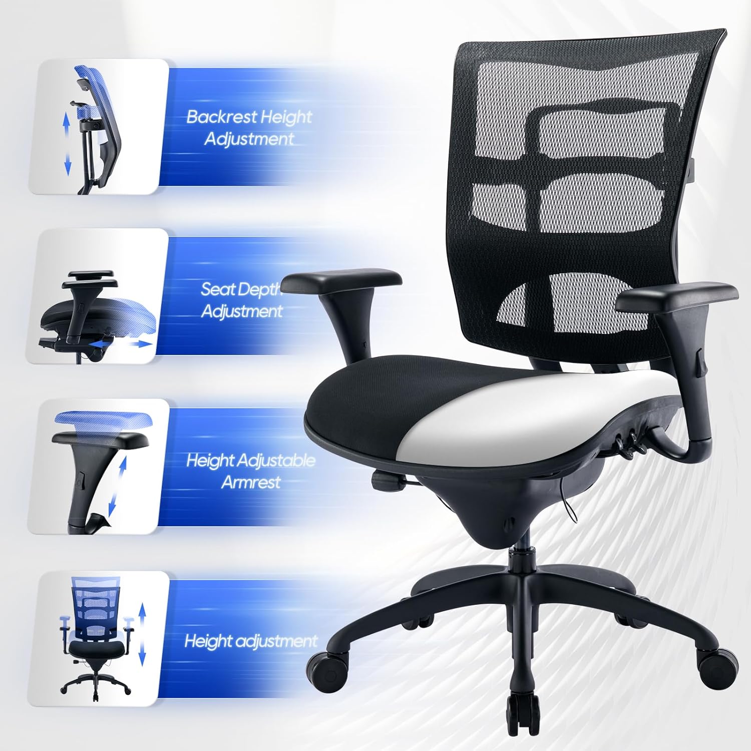 Diagram showing various adjustable features of the chair: backrest height, seat depth, armrest height, and overall height adjustment.