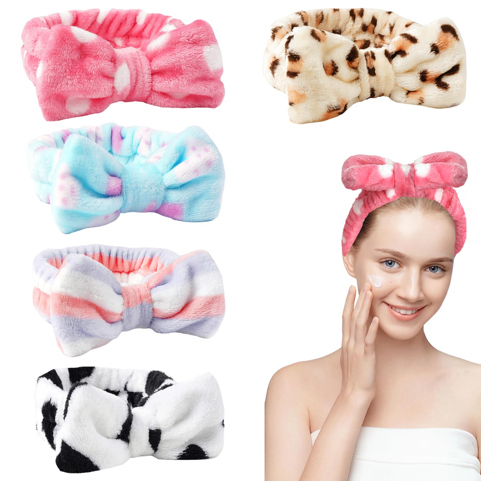 KEYRI Pack Of 4 Spa Bowknot Hair Bands, Elastic Coral Fleece Face Headband For Women, Makeup & Face Washing, Yoga (White, Pink, Blue, Leopard, One