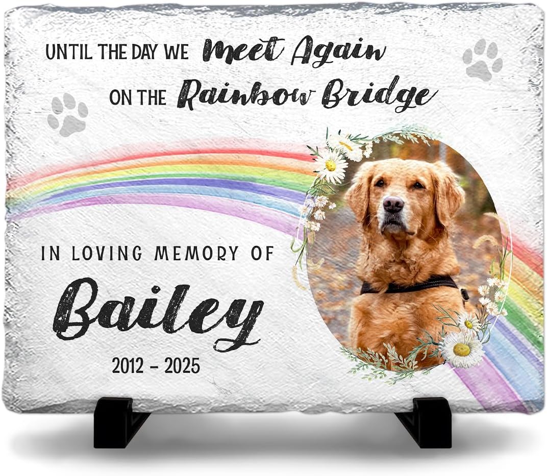 Rainbow Bridge Dog Memorial Gifts for Loss of Dogs - Custom Slate Stone in Loving Memory of Cat, Grave Marker to Decor Bereavement, Engraved Paw Prints on Pet Lovers' Hearts