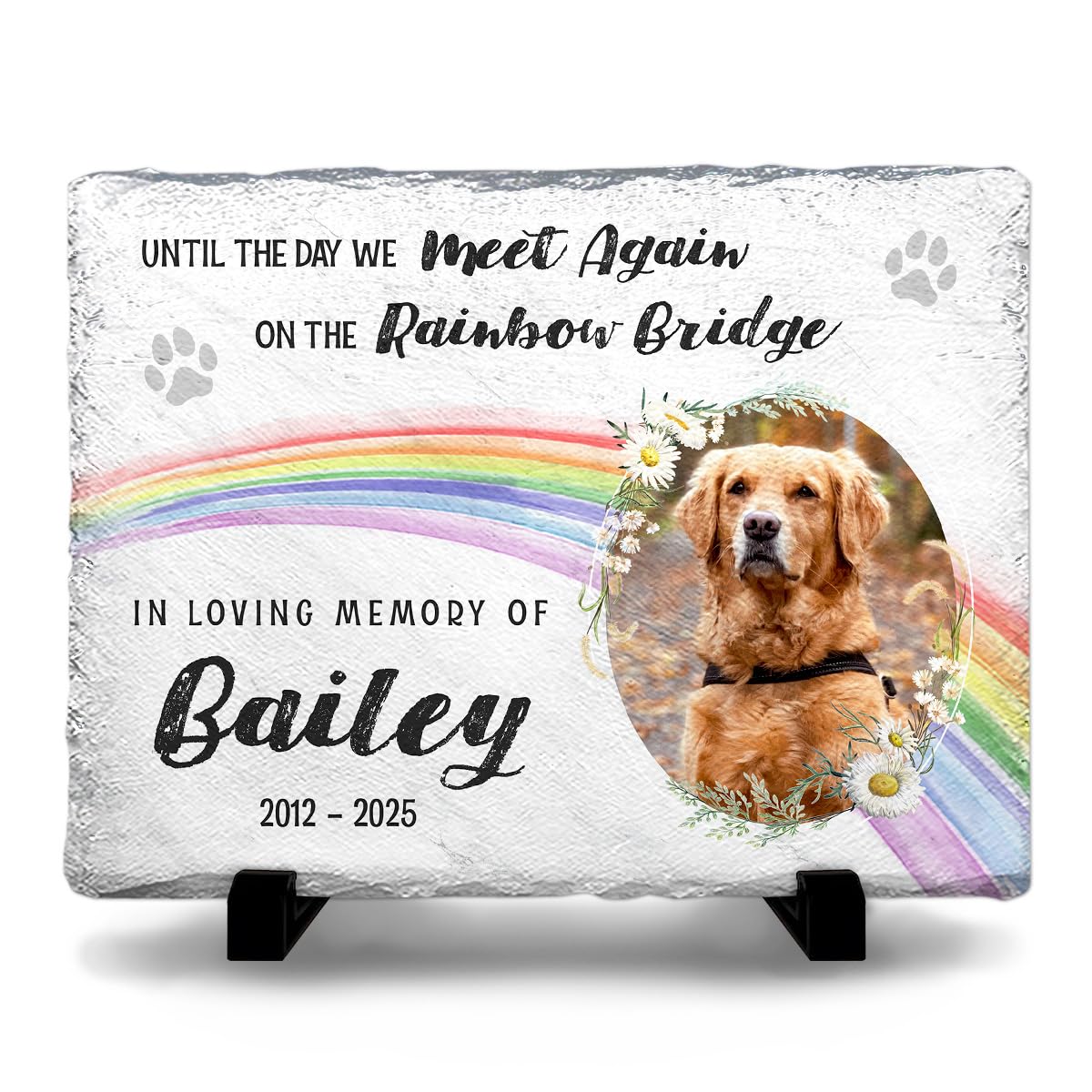 Rainbow Bridge Dog Memorial Gifts for Loss of Dogs - Custom Slate Stone in Loving Memory of Cat, Grave Marker to Decor Bereavement, Engraved Paw Prints on Pet Lovers' Hearts