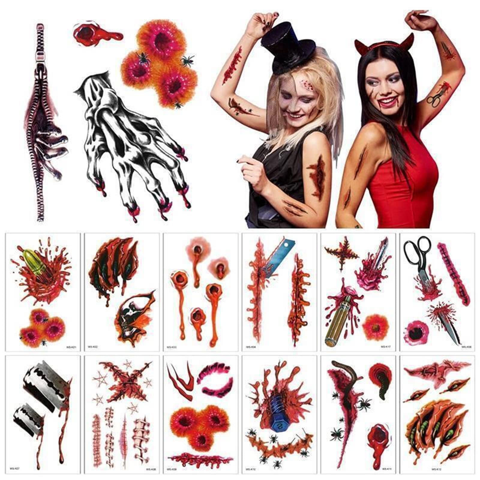 24Pcs Scary Halloween Scar Tattoo Sticker, Halloween Temporary Tattoos Decoration, Horror Realistic Waterproof Tattoos Sticker for Halloween, Role-playing Party Prank Makeup Props