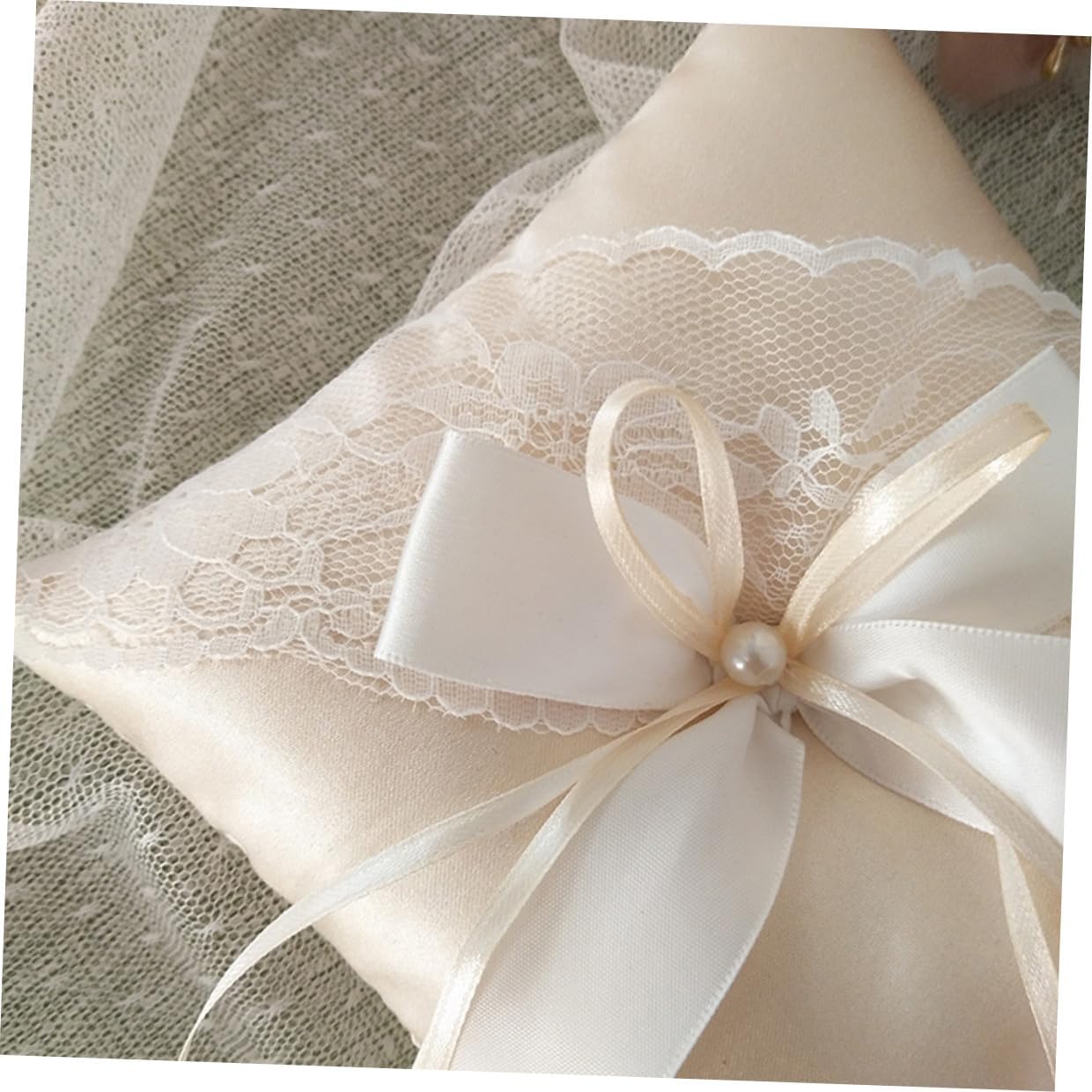 Proposal Ring Pillow with Artificial Pearl Decoration, 15x15cm Satin Ring Bearer Cushion with Ribbon for Wedding Ceremony and Engagement Party