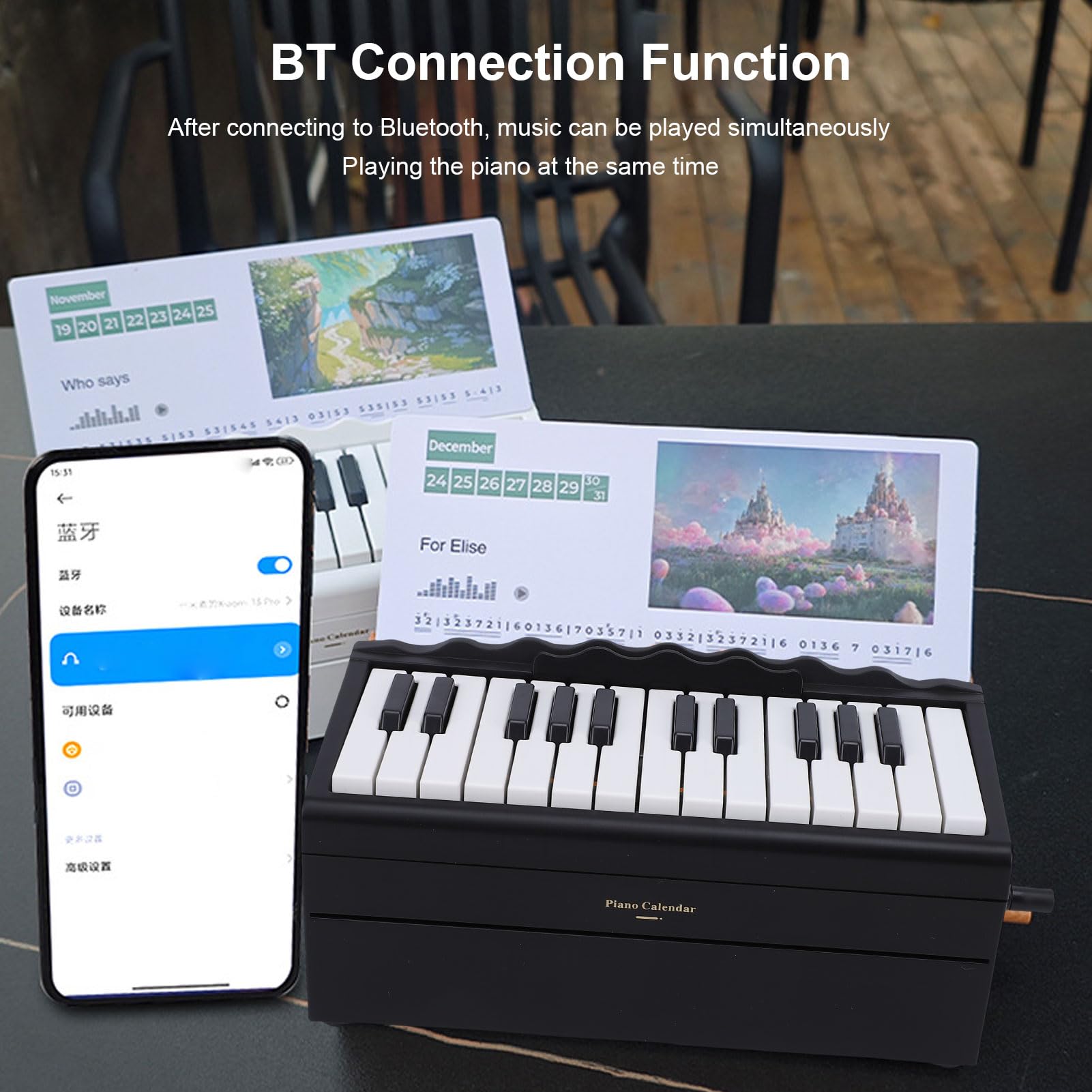 Btuty Calendario de Piano Reproducible BT de 25 Teclas, Teclado Electrónico con 52 Canciones Mundialmente Famosas, 8 Modos Instrumentos, Luces LED, Decoración Escritorio Música (Negra)