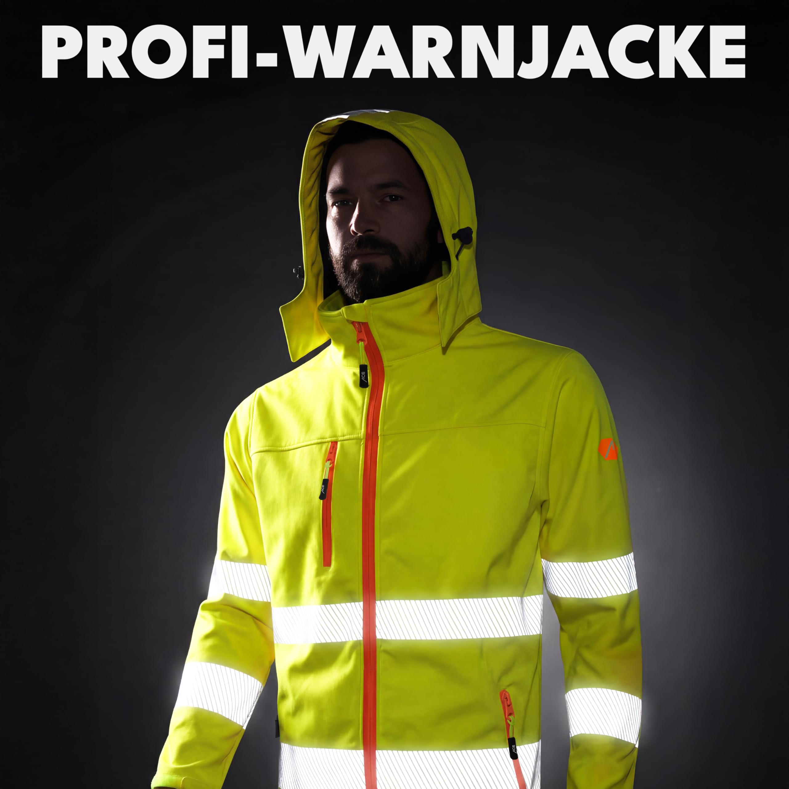 ACE Neon Lite Warnschutz-Jacke - Softshell-Warnjacke inkl. Reflektoren und abnehmbarer Kapuze - EN ISO 20471
