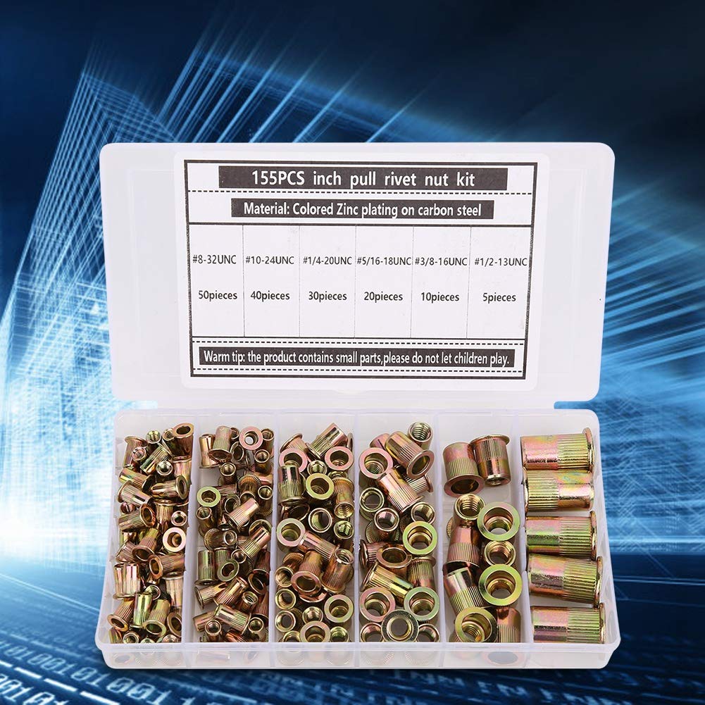 Nut Rivets,155pcs / Box Inch Colored Zinc Plating Carbon Steel Rivet Nut Rust-Proof Insert Nut