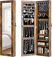 MASMIRE Full Length Mirror Jewelry Armoire - Lockable Wall-Mounted Cabinet with LED Lights, Shelves & Door Storage, Rustic Brown