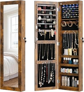 MASMIRE Full Length Mirror Jewelry Armoire - Lockable Wall-Mounted Cabinet with LED Lights, Shelves & Door Storage, Rustic Brown