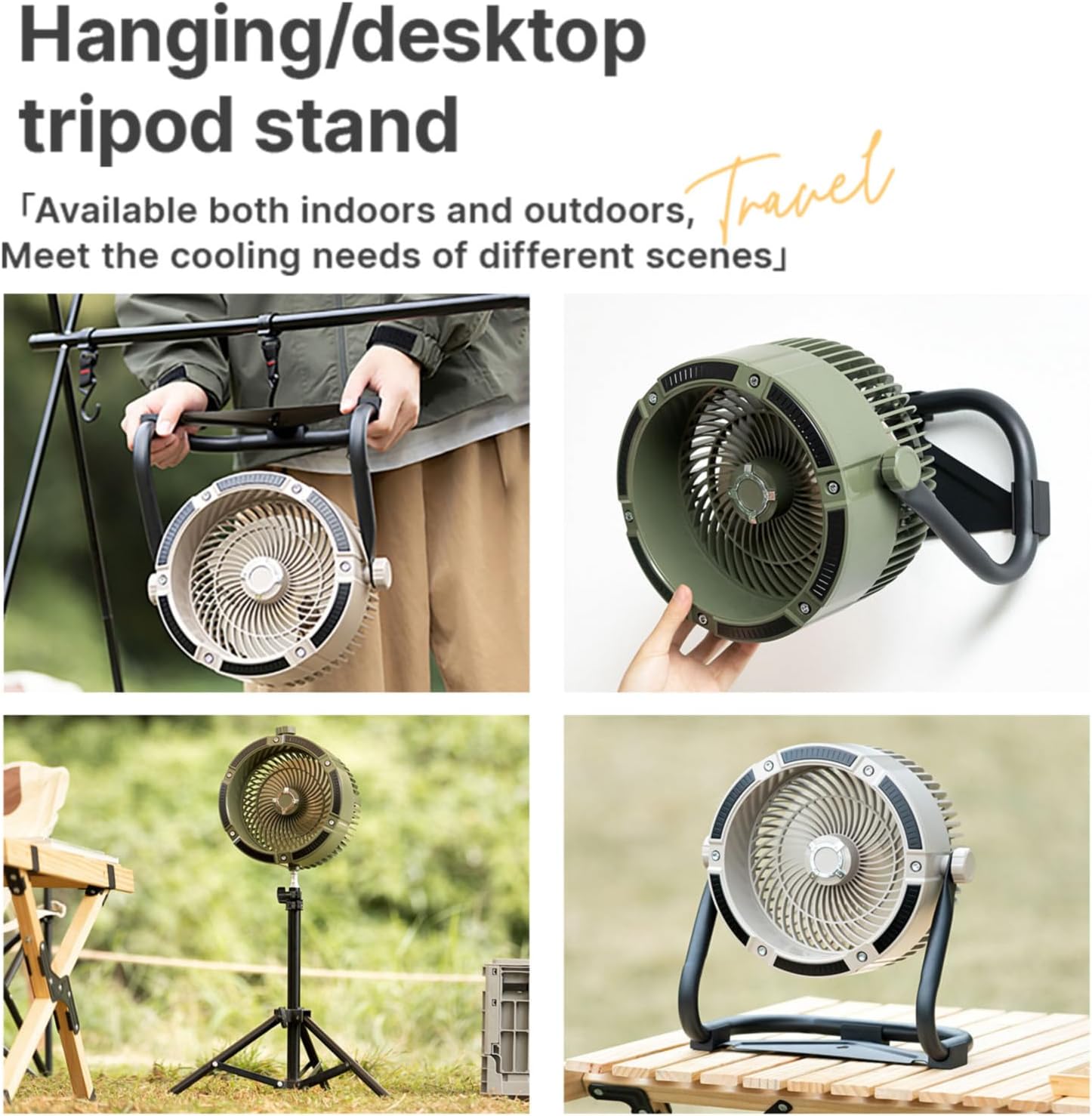 Camping Fan, 9-Inch Rechargeable Outdoor Tent Fans with Stand, 180°Head Rotation, 4 Speeds and Quiet Battery Personal USB Desk Fan for Fishing, Travel,Hiking, Picnic, Barbecue (Green) - Image 3