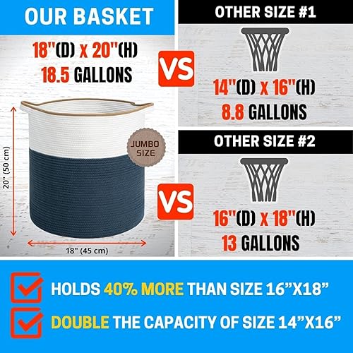 Miniatura 4 de MINTWOOD Design Cesta decorativa de cuerda de algodón tejida extra grande de 20 x 18 pulgadas, cesta alta para ropa sucia, canasta para manta para
