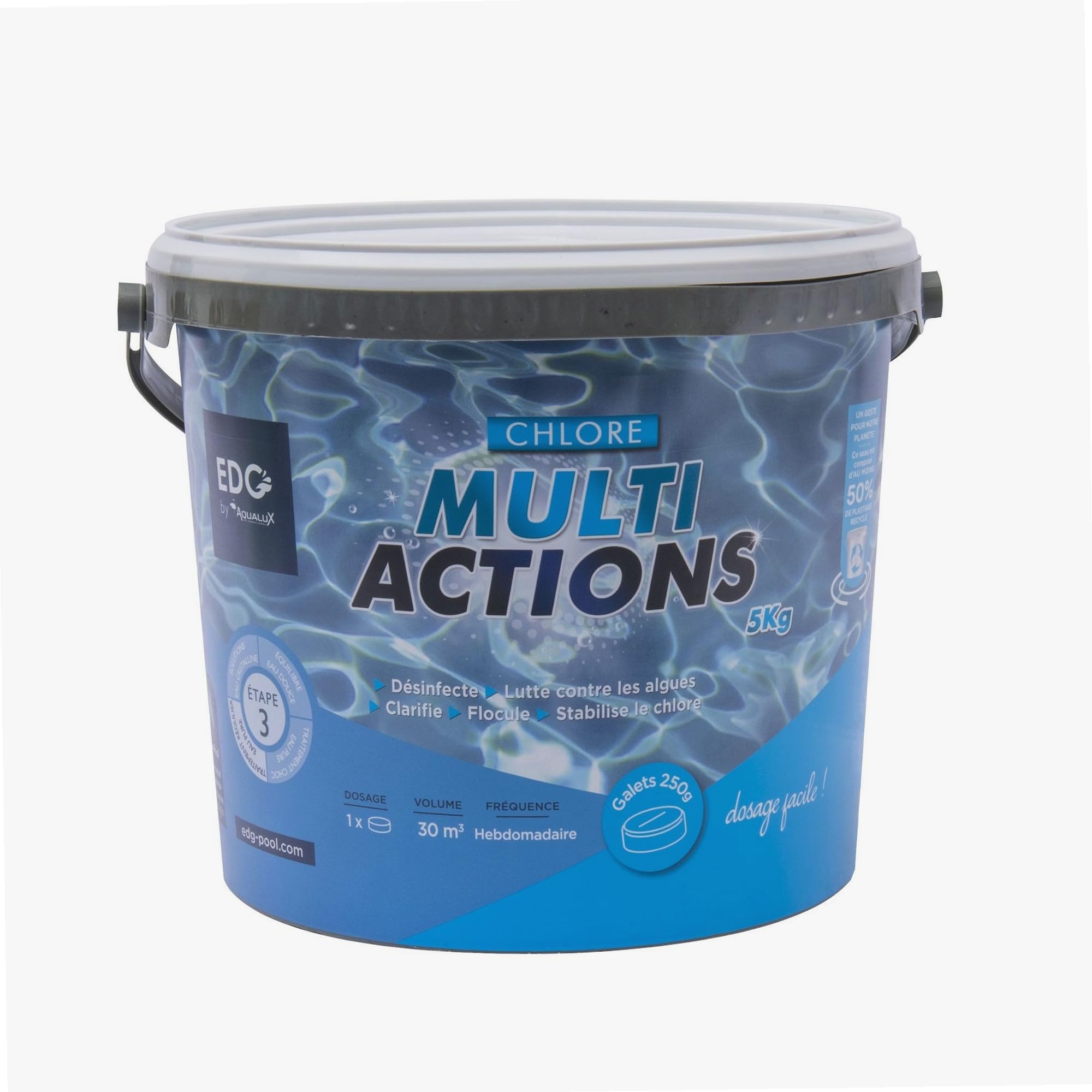 0 14848 Chlore Multi Actions, Galets 250gr, Seau de 5KG, EDG, Non comburant-AQUALUX-106622, Blanc