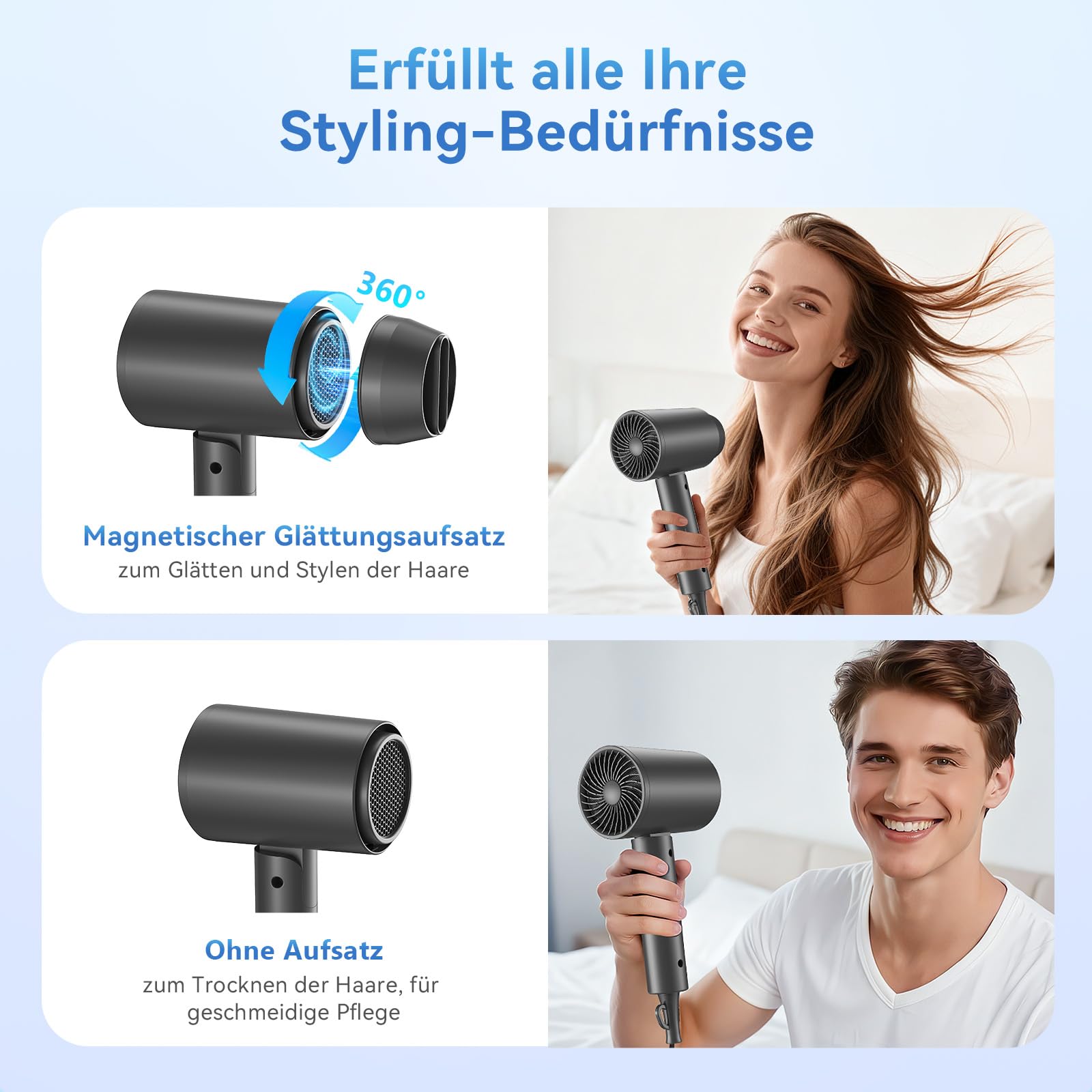 Secador de pelo profesional de 1800 W, plegable y ligero, potente secador rápido con 3 niveles de temperatura, secador de iones para cabello brillante, secador de pelo silencioso para casa y viajes