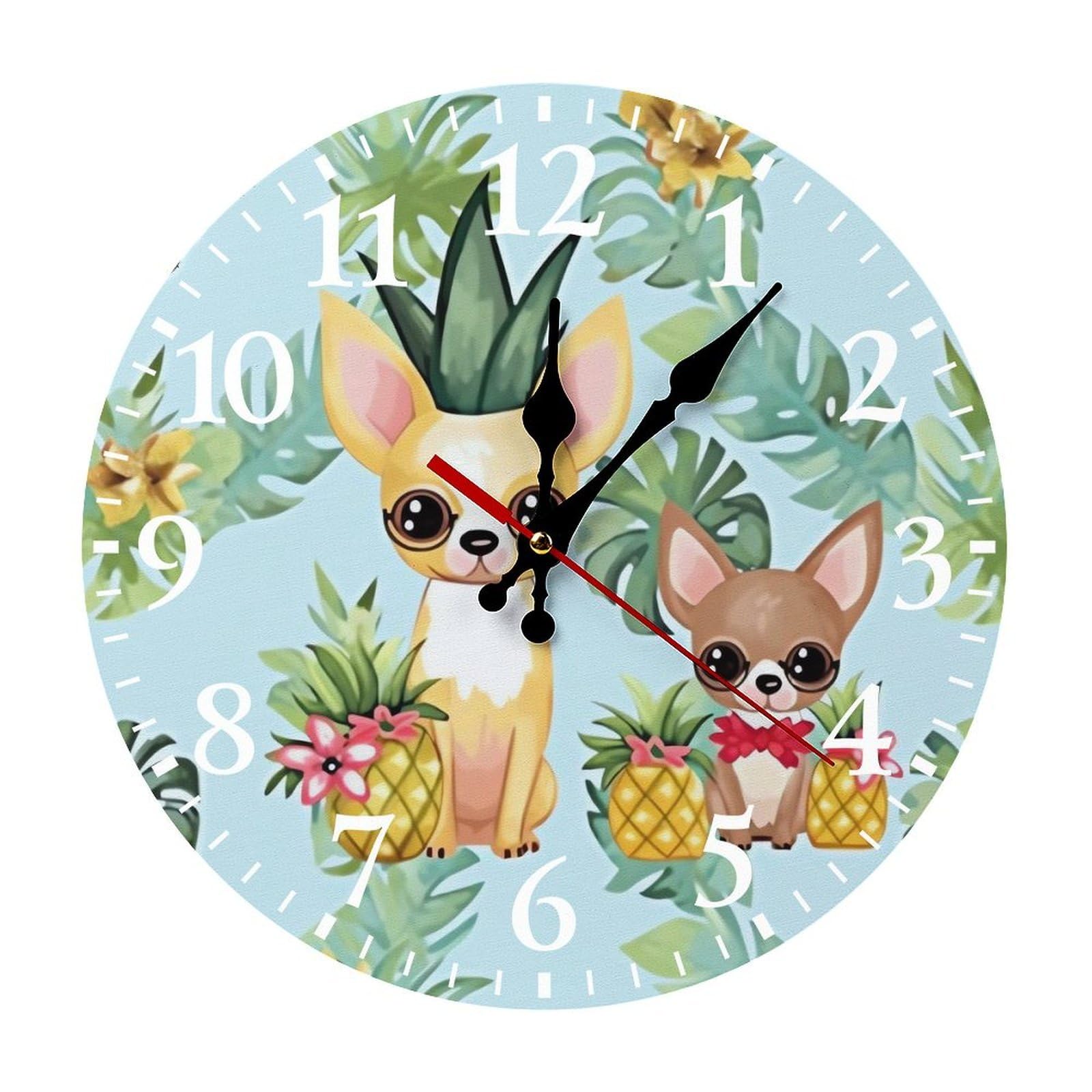 NTVOWPZO 10 Inch Wall Clock Chihuahua Dog Pineapple Battery Operated Wall Clocks Silent Non-Ticking Round Wall Clock for Living Room Kitchen Home Office Wall Decorative Clock