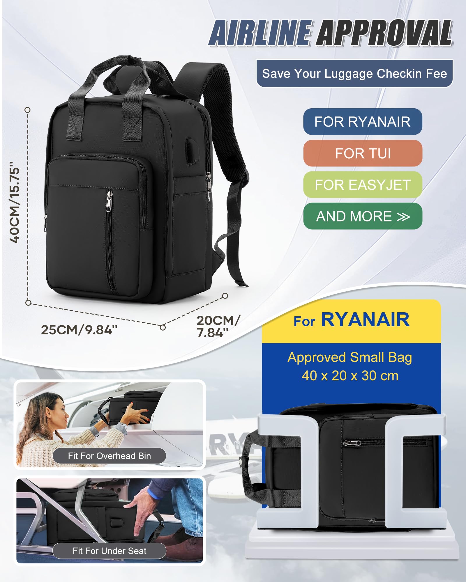 SZLX Zaino Ryanair 40x30x20 Sottovuoto Zaino da Viaggio 40x20x25 Bagaglio a Mano 40x30x20 Wizzair Donna Uomo Borsa da Cabina per Easyjet 45x36x20 Adatto a Laptop da 14 Pollici Impermeabile per Lavoro
