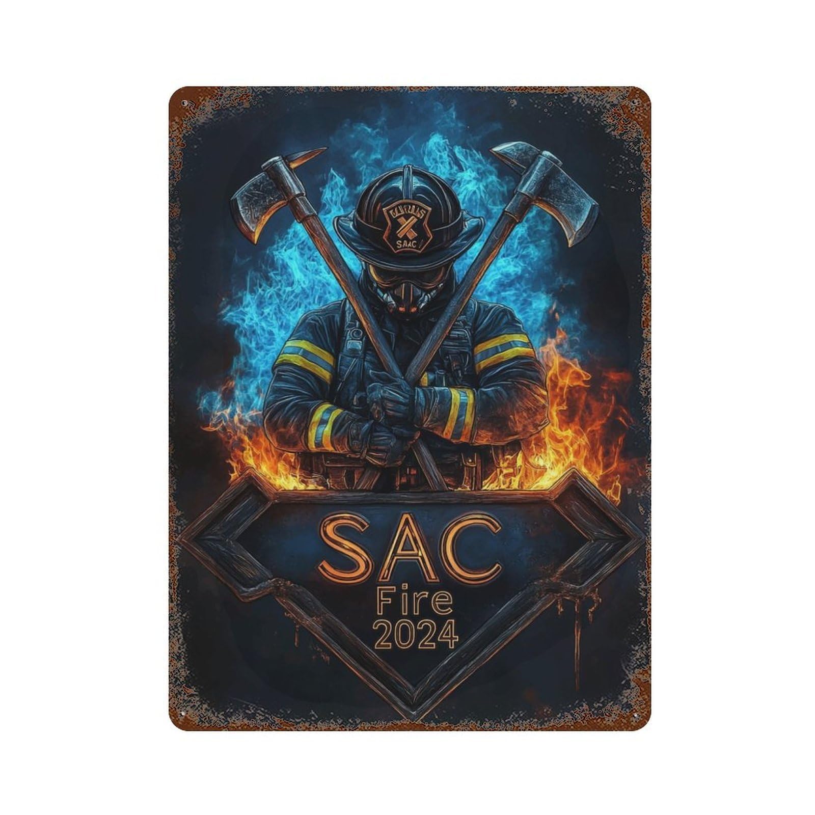 Firefighter with Axes 15.7"x11.8" Rustic Tin Plaque, Novelty Wall Decor for Living Room, Hallway And Home Decor