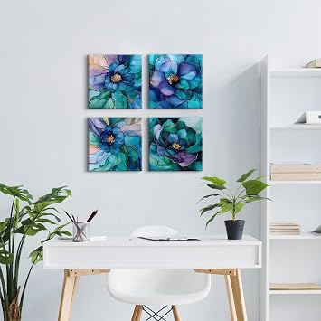 4Pcs Abstract Flower Canvas Wall Art Teal Floral Canvas Pictures for Living Room Nature Botanical Painting Posters Modern Minimalist Canvas Artwork Decor for Bedroom Bathroom Home Decoration 12x12