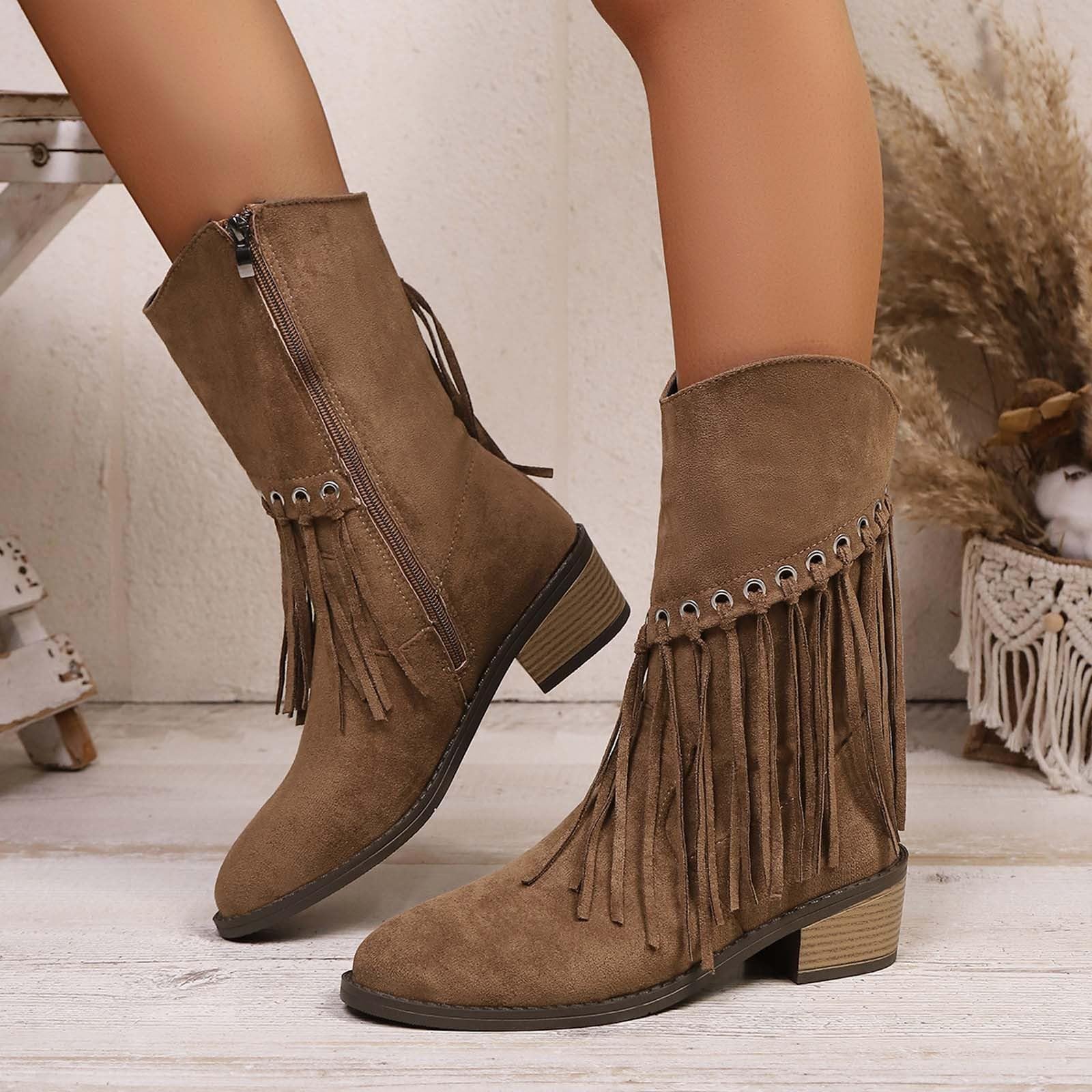 Botas por Encima de la Rodilla Botas de Media caña con Cremallera Lateral y Flecos: Botines Estilo Western para Uso Diario.