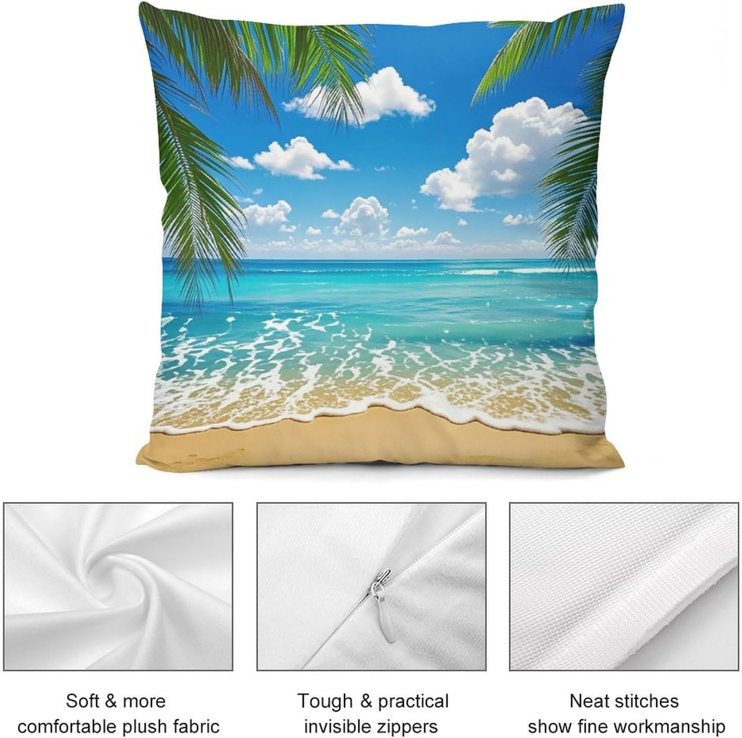 Zippered Pillow Cover, Pillow Protector, Hawaiian Beach Printed Pillow Cover of 4, Pillow Not Included