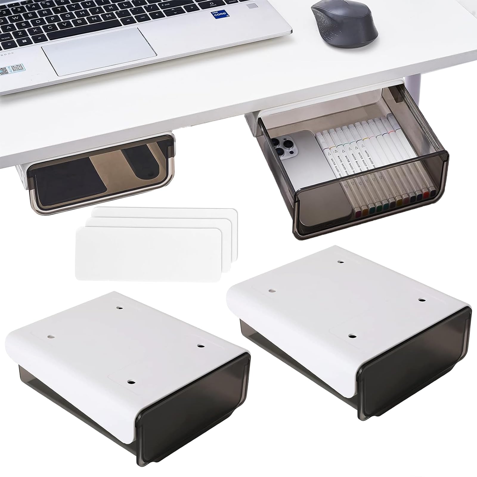 AKOLAFE Lot de 2 tiroirs de bureau autocollants en plastique - Noir - 20 x 17 x 7,2 cm - Pour bureau, table, étude, maison
