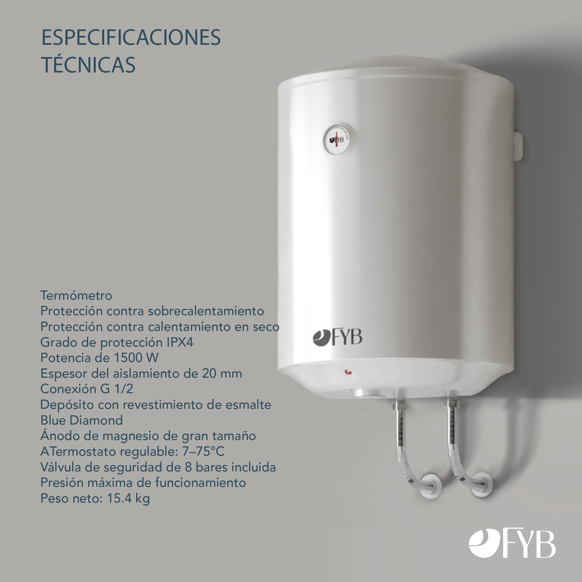 Termo Eléctrico Vertical 50 L Blanco, Clase Energética C, Bajo Consumo, Cuba Vitrificada, Ánodo de Magnesio, Regulador de Temperatura y Protección de Seguridad para uso diario