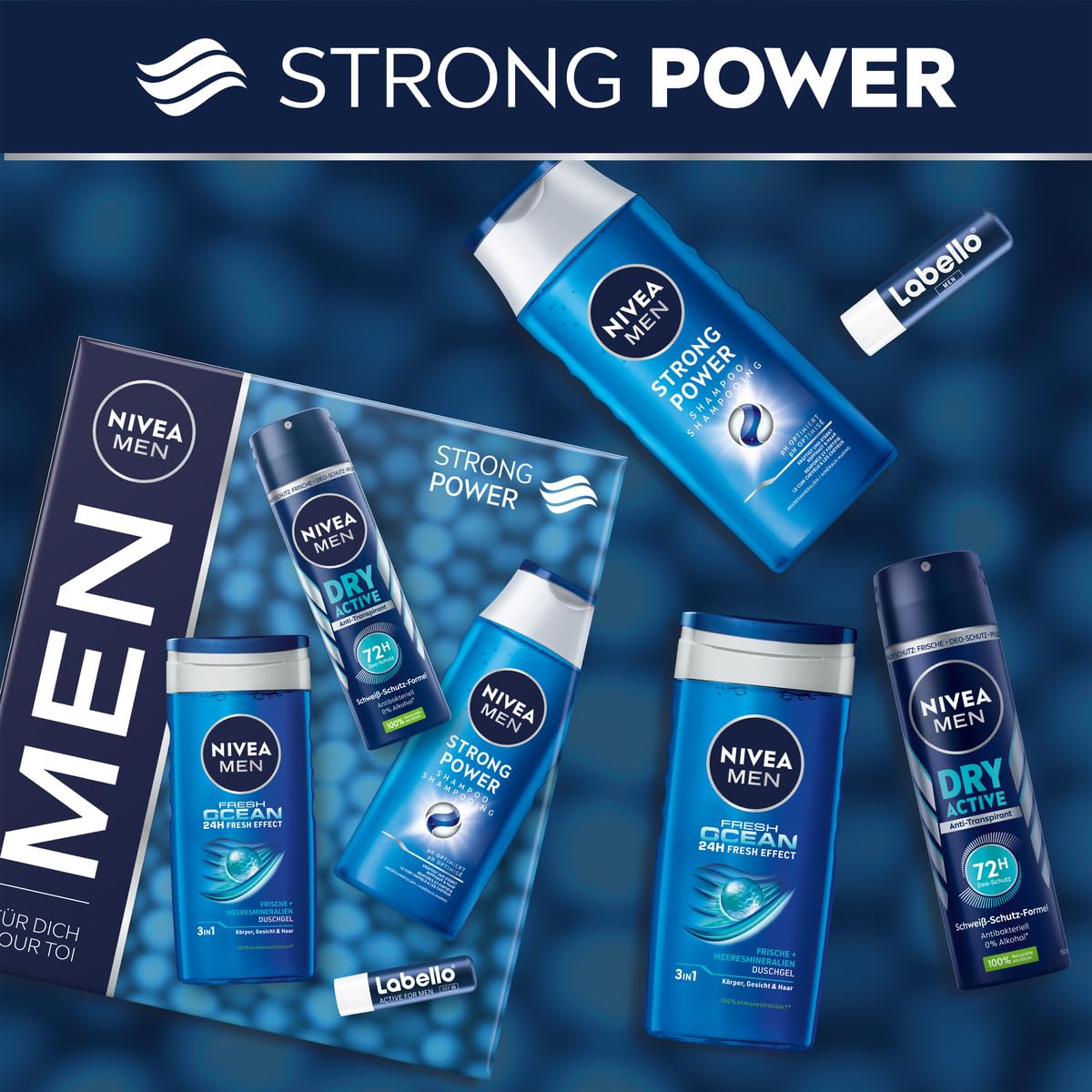 NIVEA MEN Strong Power Geschenkset, Pflegeset mit erfrischenden Pflegeprodukten, Geschenkbox mit Fresh Ocean Duschgel, Dry Active Deo Spray, Strong Power Shampoo und Labello Men Active Lippenpflege