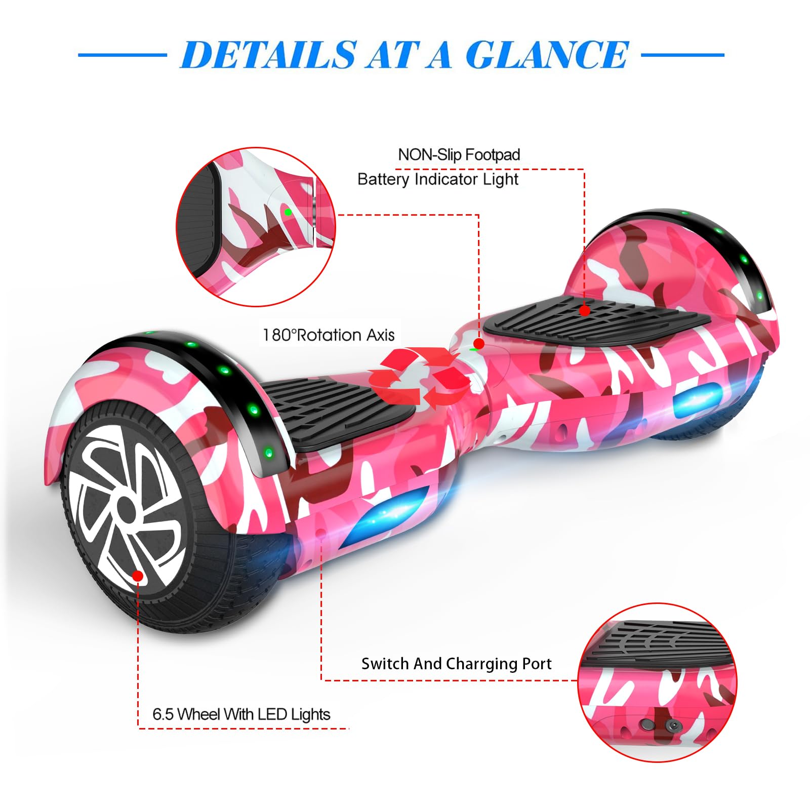 Hoverboards for Children, 6.5 Inch Self-Balancing Hoverboard with Go-kart and LED Lights, Bluetooth Speaker, Gift for Children