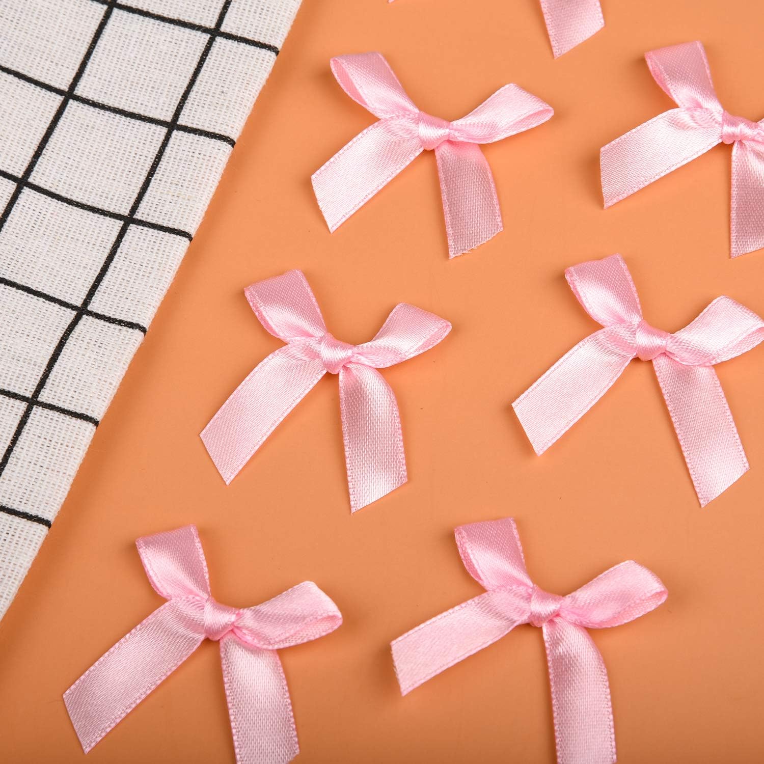 100 Pieces Pink Satin Ribbon Bows Mini Bows for DIY Craft Wedding Decoration Card Making Embellishments, 7mm Wide, Double Sided Satin