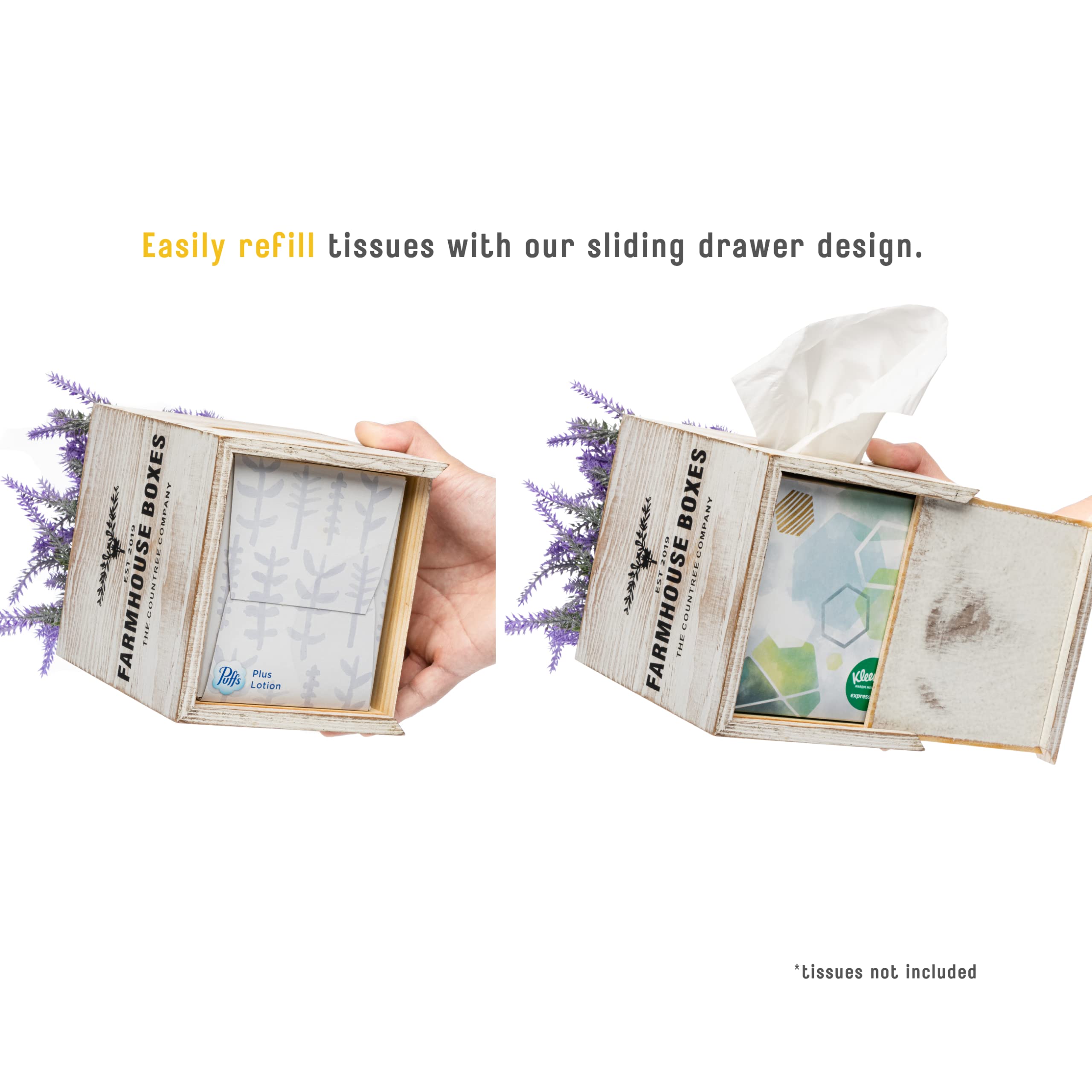 Countree Farmhouse Tissue Box Cover Square - Unique & Decorative Tissue Holder - Instantly Elevates Your Rustic Bathroom Decor - Conceals Kleenex, Puffs, & Other Cube Tissue Boxes - Faux Lavender