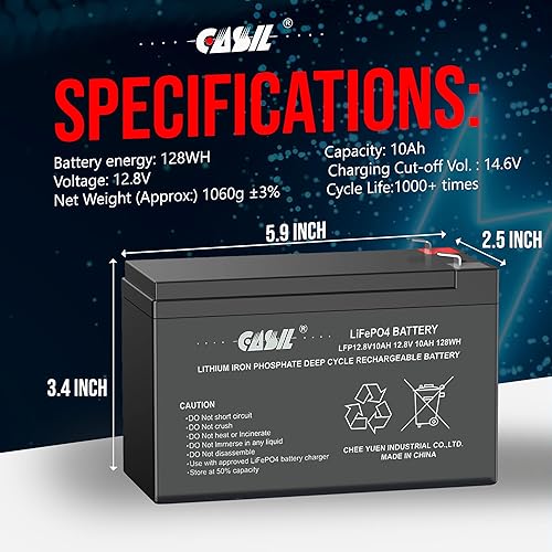 Miniatura 5 de Casil Batería LiFePO4 de 12 V 10 ah, batería de litio premium de 12 V 10 ah, batería de ciclo profundo de iones de litio de 12 voltios, adecuada