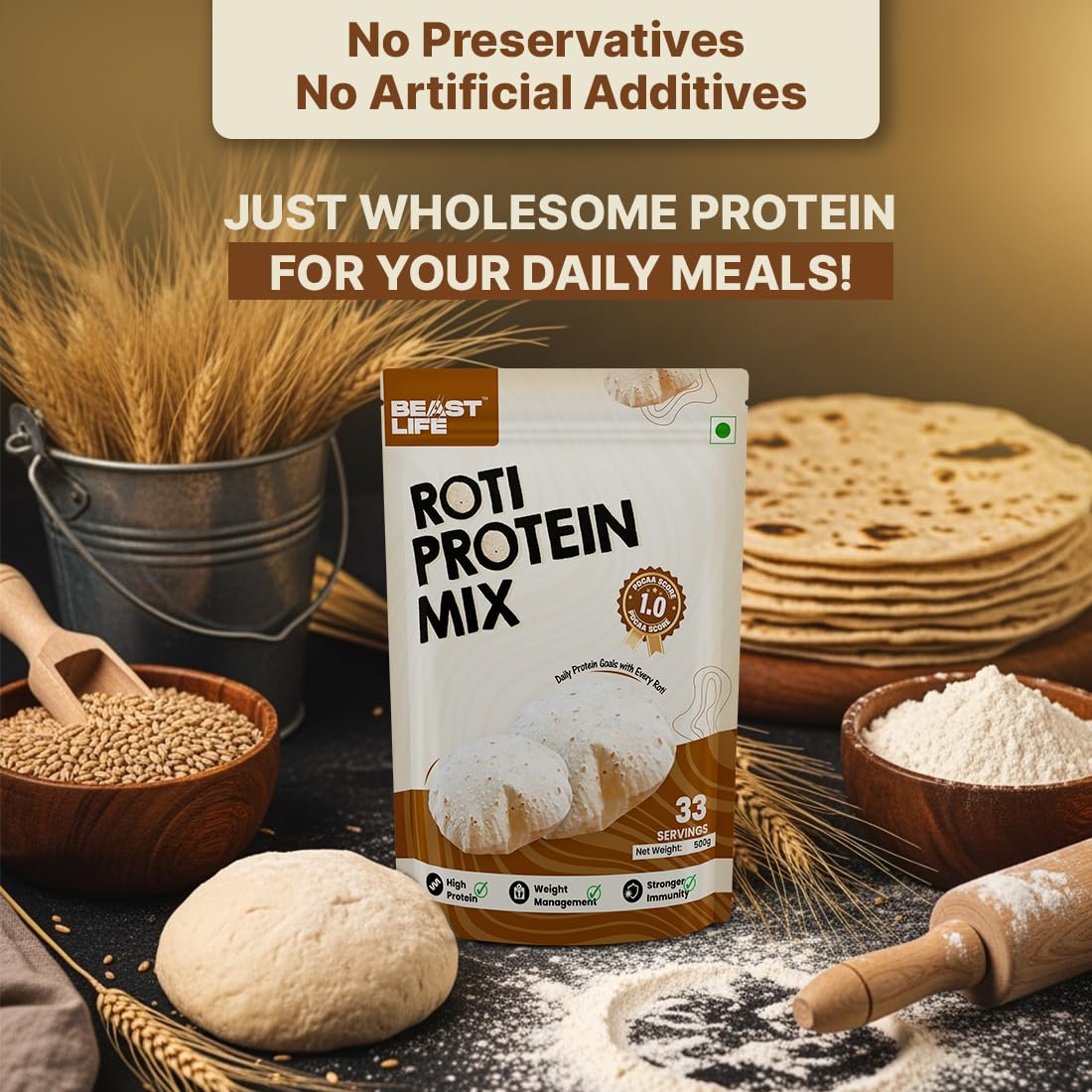 BeastLife High Rich Roti Mix 500 Gram (33 Servings) | 13 Gram Protein | 90% Protein per Scoop | For Muscle Growth, Brain Development & Immune Support | Clean Plant Protein Powder | Ideal for All Ages | Mixed with Roti, Parantha, Dosa, Dal etc