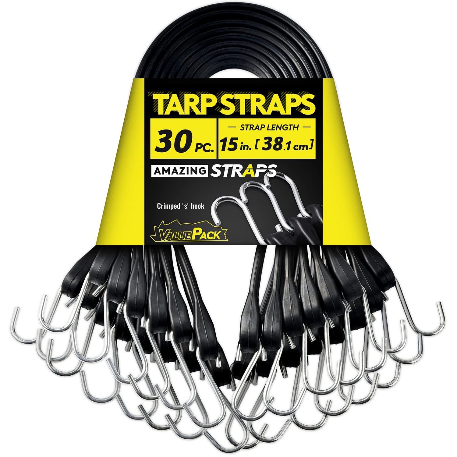 Corda elastica in gomma resistente da 38,1 cm per esterni, con elasticità massima di 68,6 cm e carico superiore a 79,8 kg, 100% EPDM nero, cinghie elastiche con ganci a S a crimpare per carico,
