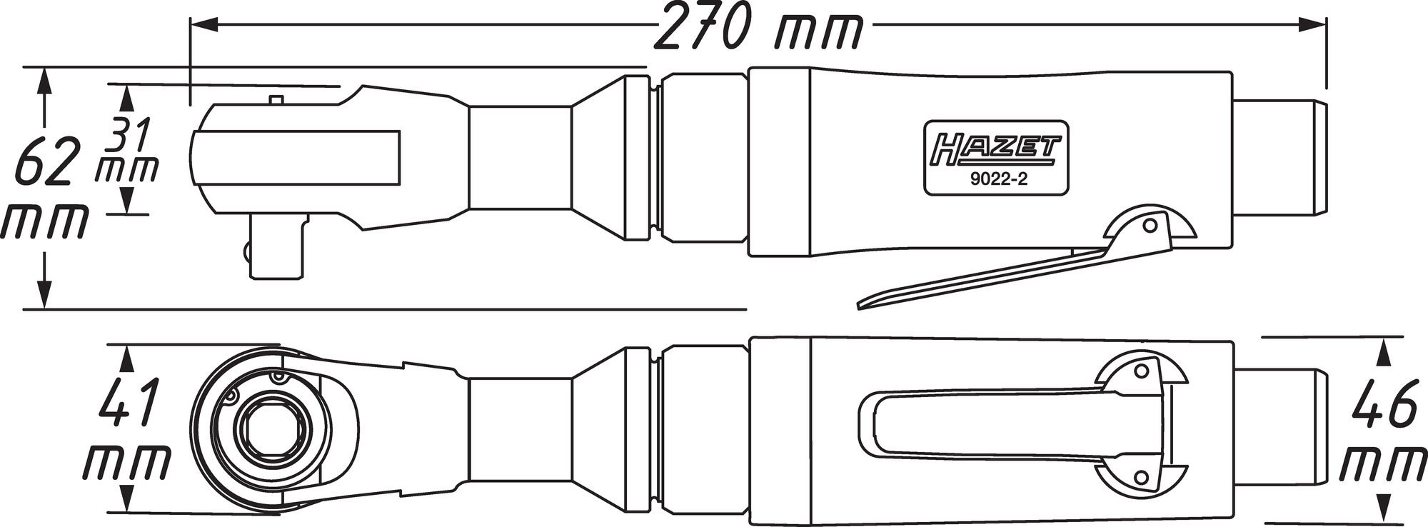 HAZET Wkrętak z grzechotką 9022-2, napęd kwadratowy 1/2 cala, długość 270 mm, antywibracyjny, pneumatyczny