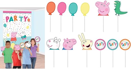 Miniatura 3 de Peppa Pig - Paquete de suministros de decoración para fiesta de cumpleaños, incluye 1 telón de fondo de fotos con 12 accesorios de papel, 4 hojas de