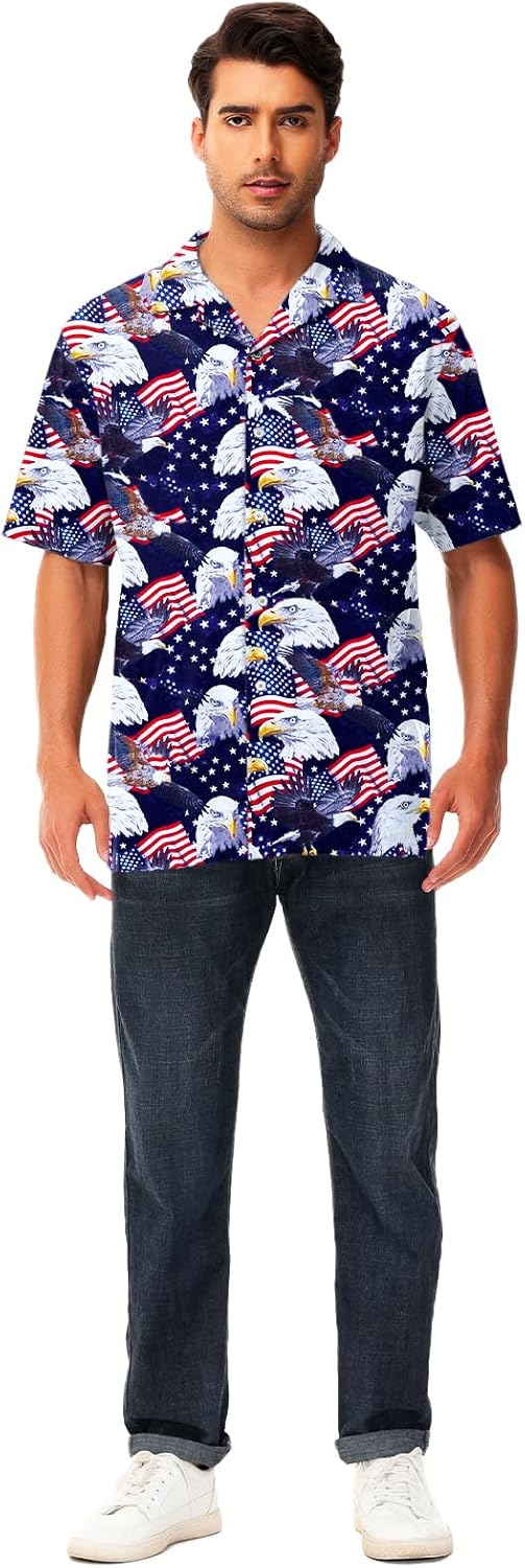 AOBUTE Men July 4th Button Shirts American Flag Hawaiian Shirt Star Stripe Holiday Top - Image 6