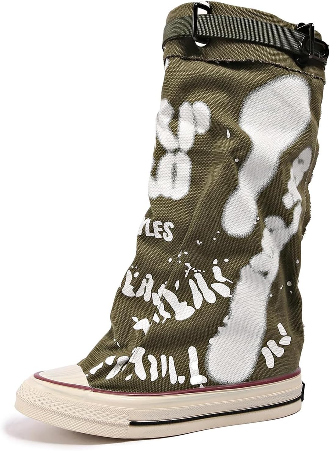 Women's Wide Calf Knee High Boots, Punk Goth Graffiti Print Canvas Lace Up Buckle, Fold Over, Distressed Sole Streetwear
