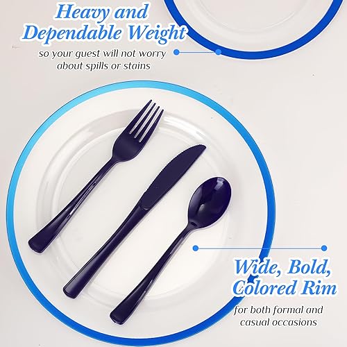 Miniatura 4 de Roshtia Juego de 300 platos de plástico transparente con borde para 50 invitados, color azul