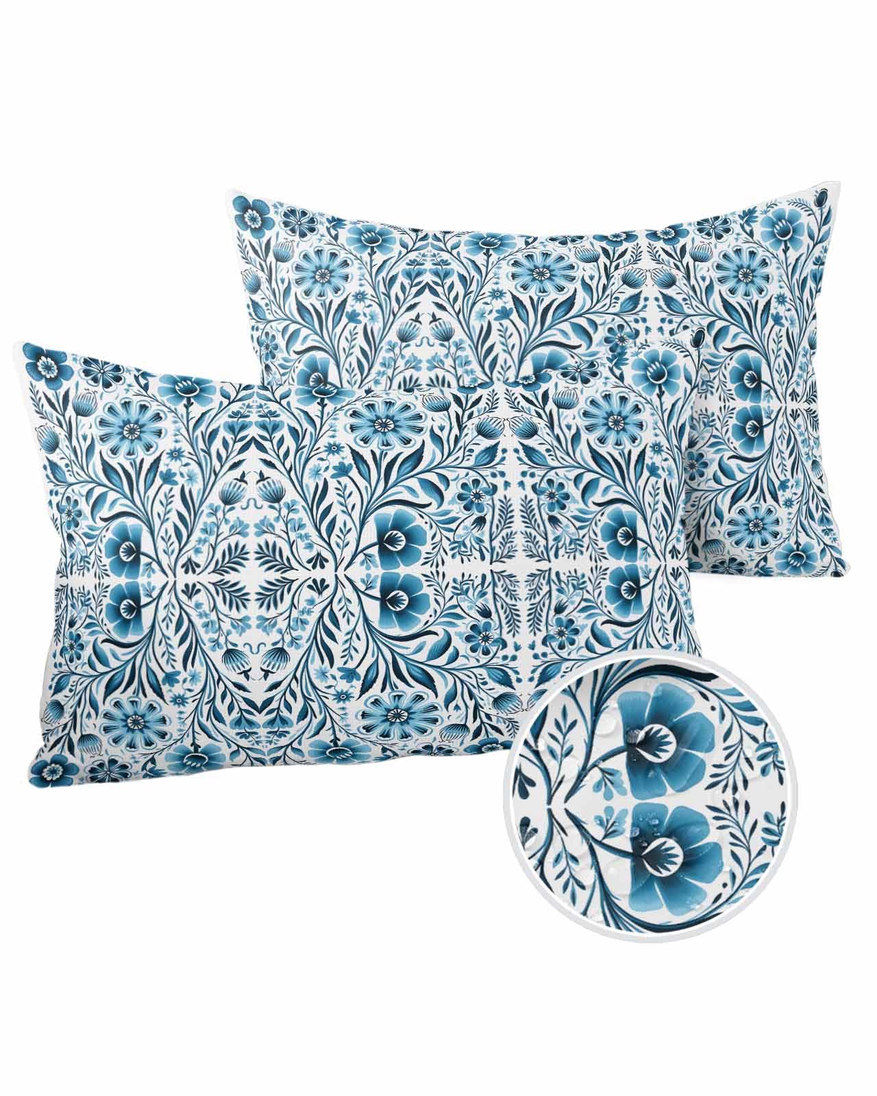 Edwiinsa Boho Floral Blue Outdoor Pillow Covers Waterproof,All Weather Cushion Case Set of 2 Lumbar Pillowcase for Sofa Couch Bed Decor Patio Furniture 20