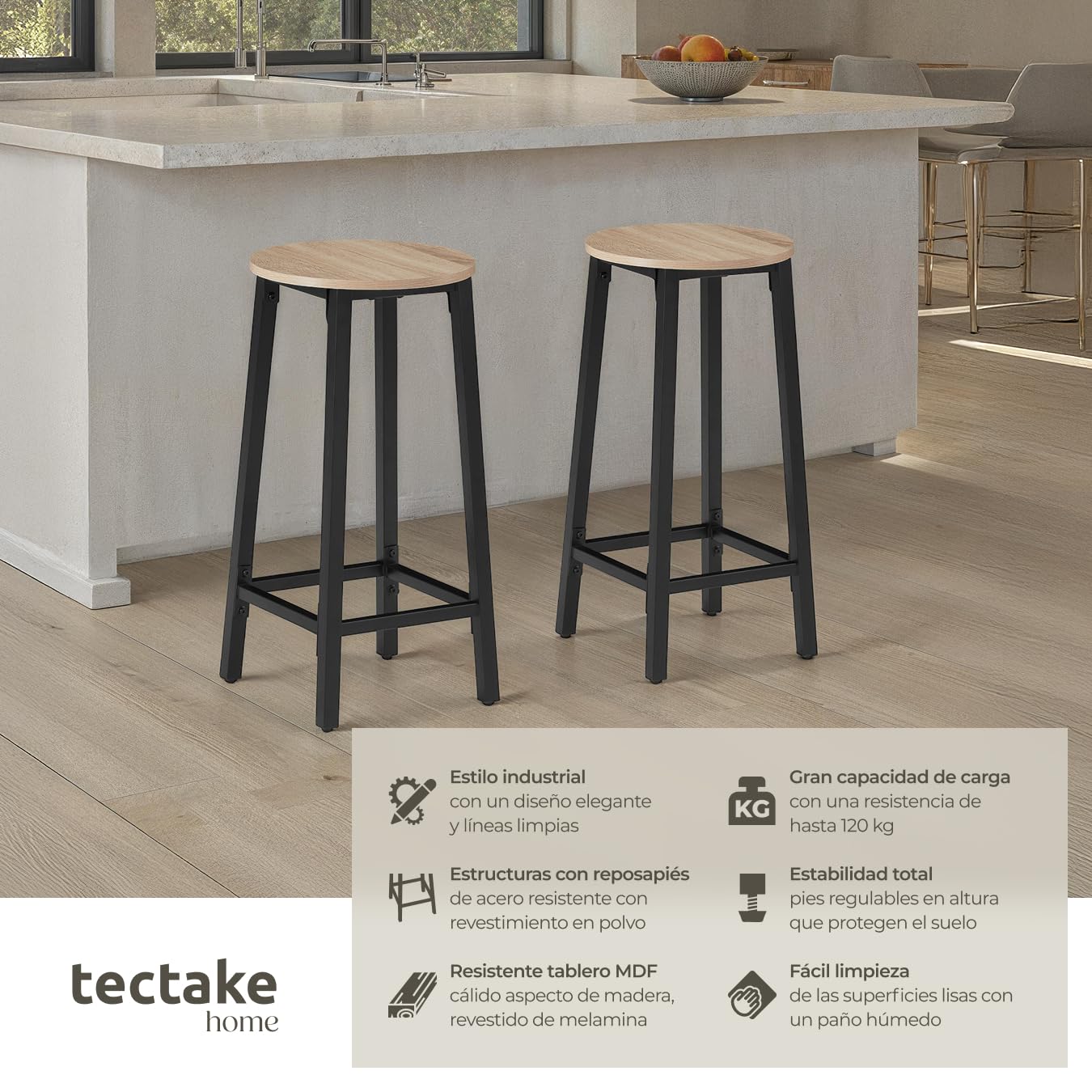 tectake® Juego de Taburetes de Bar con Estilo Industrial, para sillas Comedor, Taburete Alto Cocina, sillas de Comedor, Barra de Cocina - 32 x 32 x 66 cm Madera Industrial Clara, Roble Sonoma