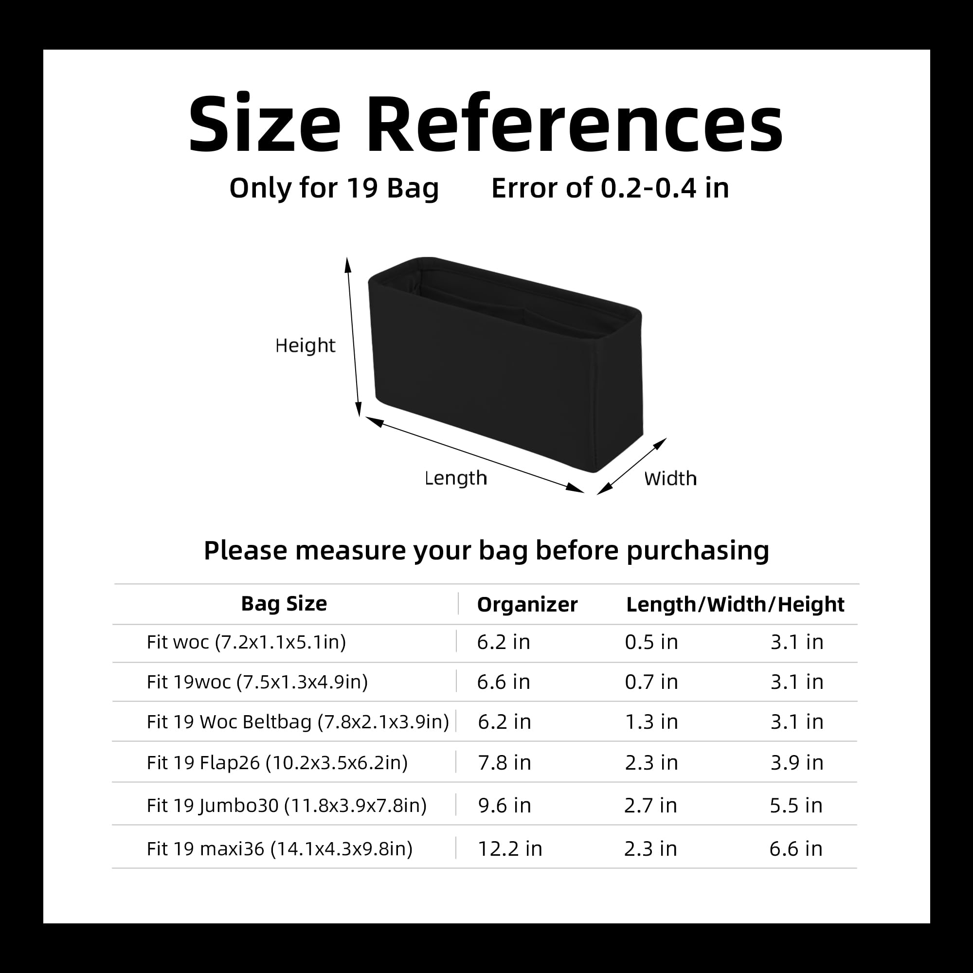 DGAZ Organizador de bolsos, organizador de bolsas de seda, bolso de lujo y moldeador de asas para Chanel 19 bolsas (negro, 19-Jumbo30)