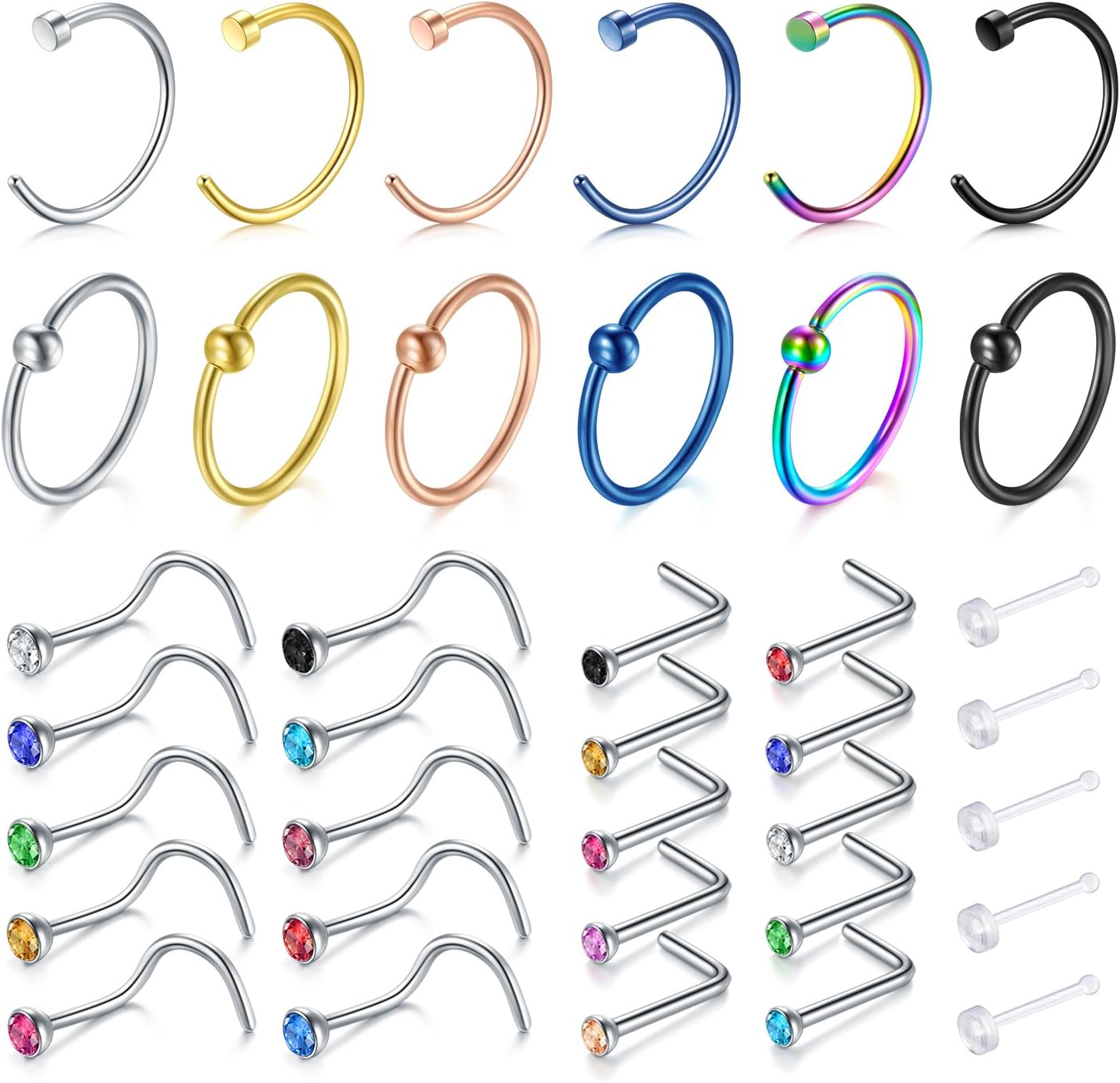 – Nose Hoop Rings - 20G Nose Rings L shaped Nose Studs Nose Screws Septum Cartilage Ring Tragus Hoop Stainless Steel Piercing Jewelry 37pcs