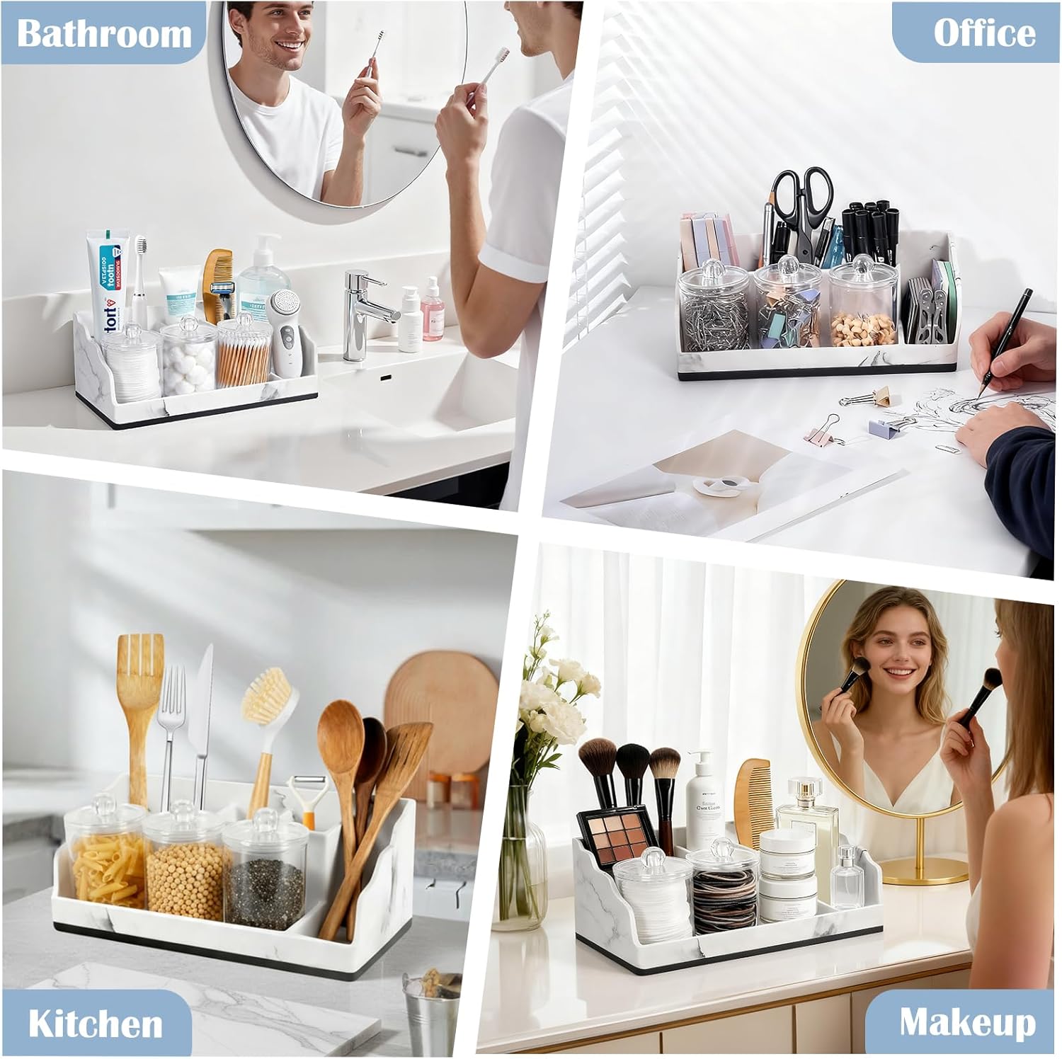 Bathroom Counter Organizer with Qtip Holder, Marble Toothbrush