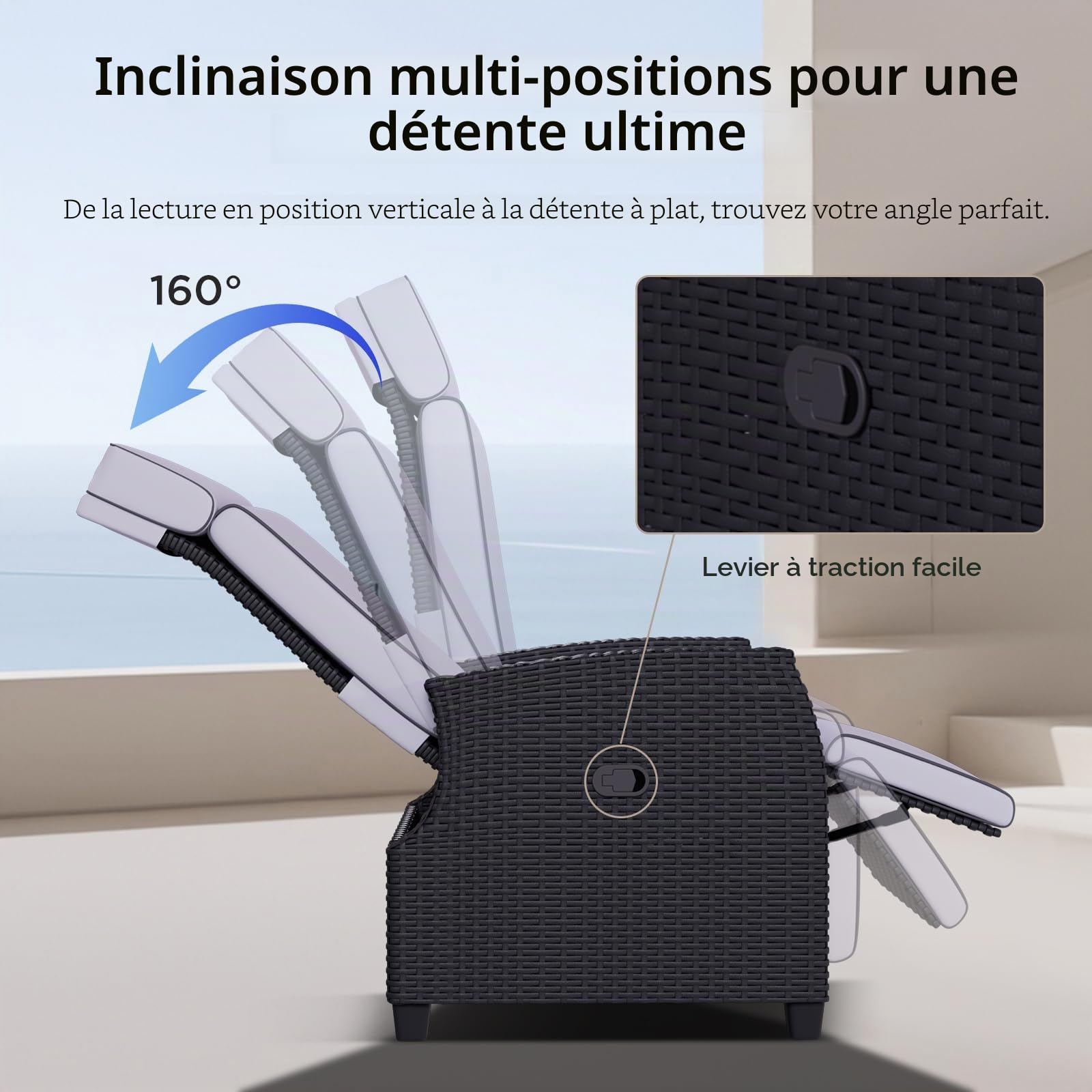 Fauteuil Relax de Jardin avec Dossier Réglable et Table Latérale | Rotin PE résistant aux UV, cadre en aluminium, coussins déhoussables, idéal jardin et terrasse
