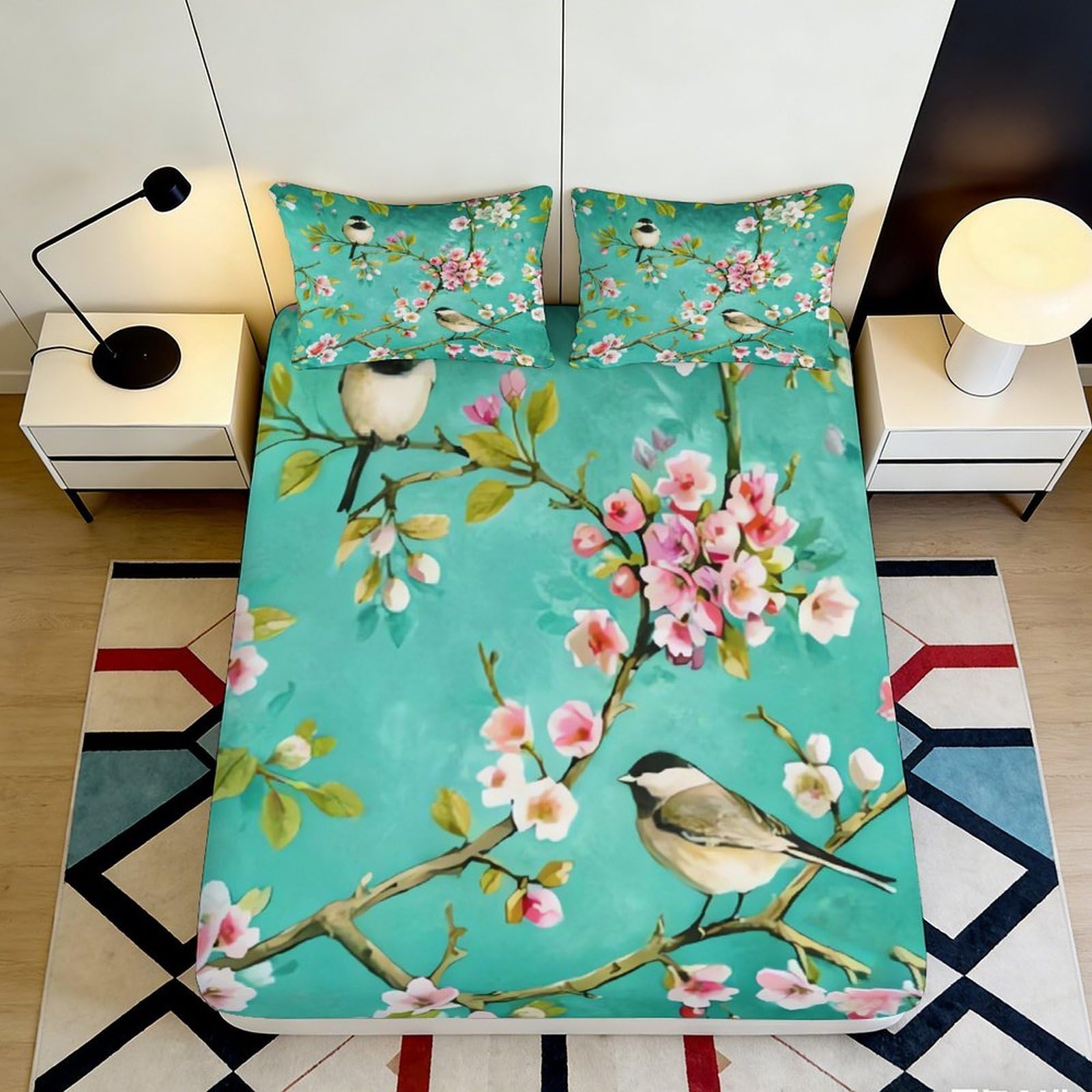 3D Printed Blossom Bird Fitted Sheet Microfiber Soft Green Floral Branch Mattress Cover for Bedroom Guestroom Decor 90x200x25cm