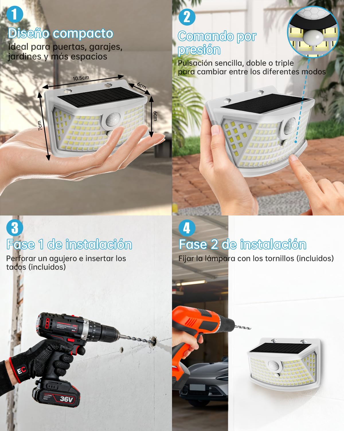 Aootek Focos Solares Exteriores LED - Sensor Movimiento 120 LEDs Ángulo Amplio 270° Impermeable IP65 Jardín Terraza Seguridad - Pack de 8, Carcasa Blanco, Luz Fría | Detector de movimiento 8 m, forma curva, batería de litio, carcasa blanca, luz fría