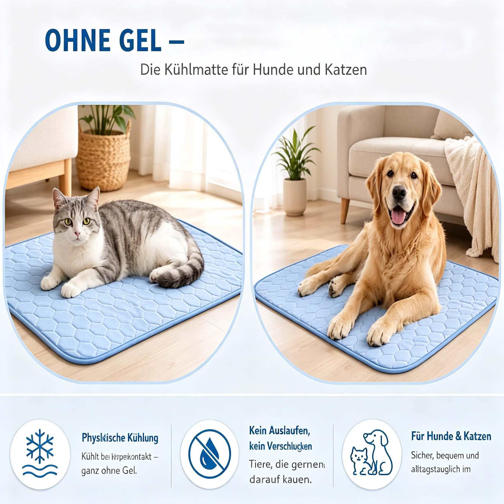 Leyof kühlmattе Katze ohne Gel, KüHlmattes füR Hunde & Katzen — Waschbar, Ideal füR Den Sommer, füR Innen- und AußEnbereich Geeignet (Blau,L)