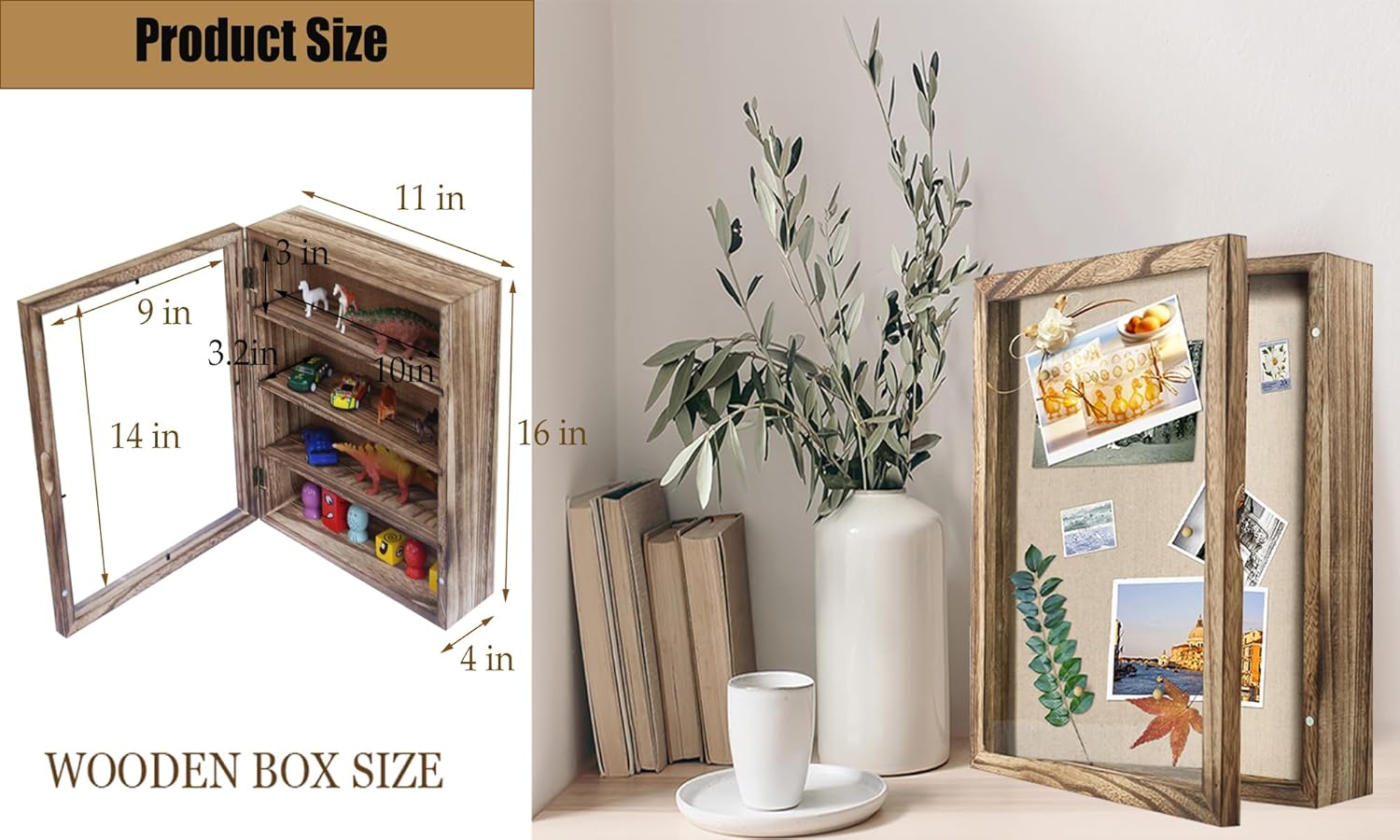 Shadow Box Frame 11x16, Depth 4in Shadow Boxes Display Cases, Rustic Burnt Wood, Vintage Metal Accents, Hinged Door, Magnetic Door and Latch, Linen Back(Carbon)